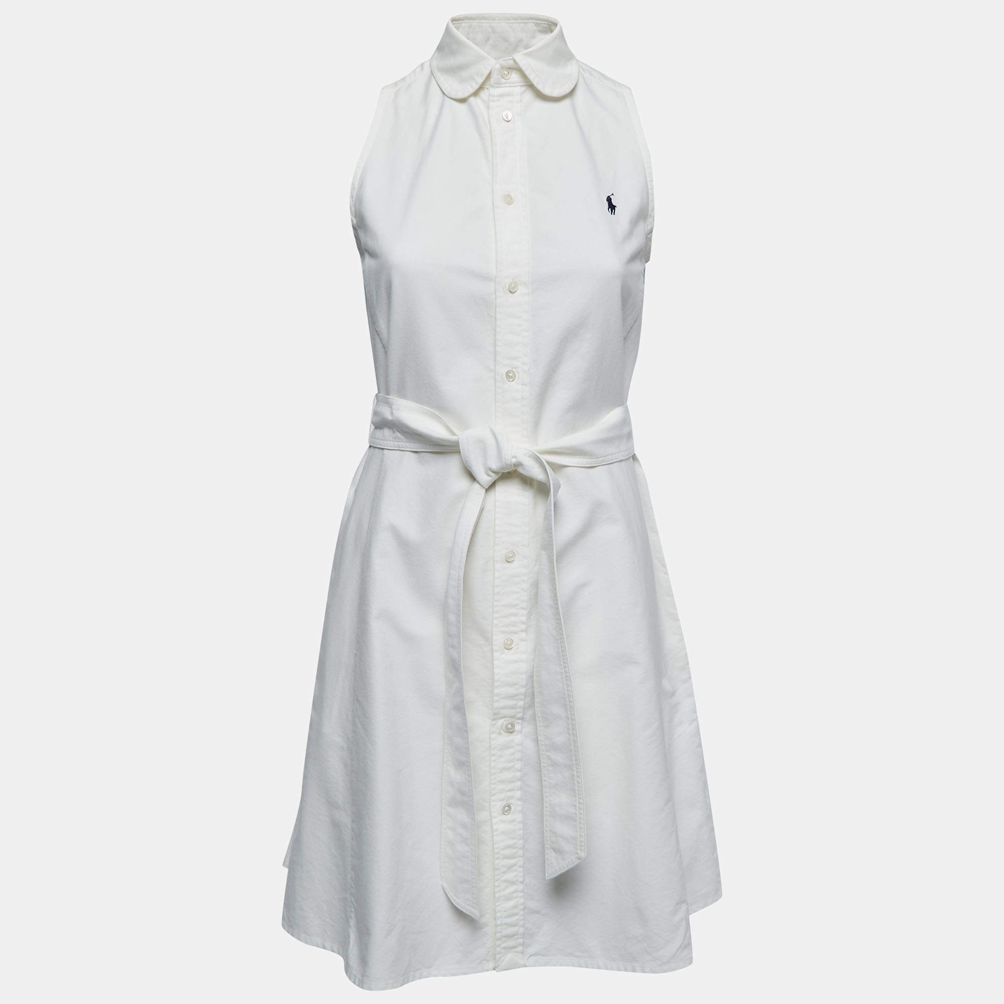 Pre Owned Polo Ralph Lauren White Denim Belted Shirt Dress XS