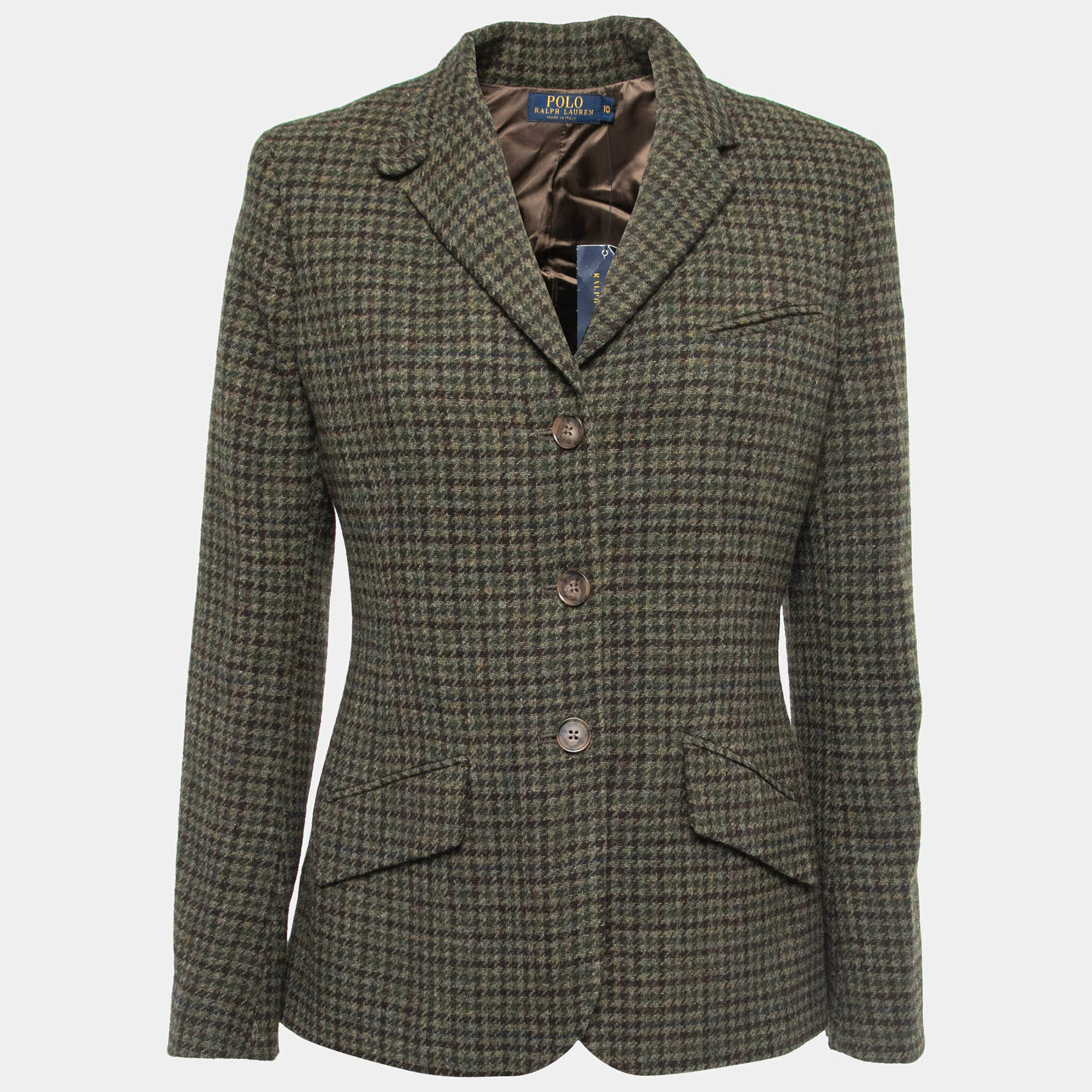 Pre Owned Polo Ralph Lauren Green Houndstooth Wool Button Front Blazer M