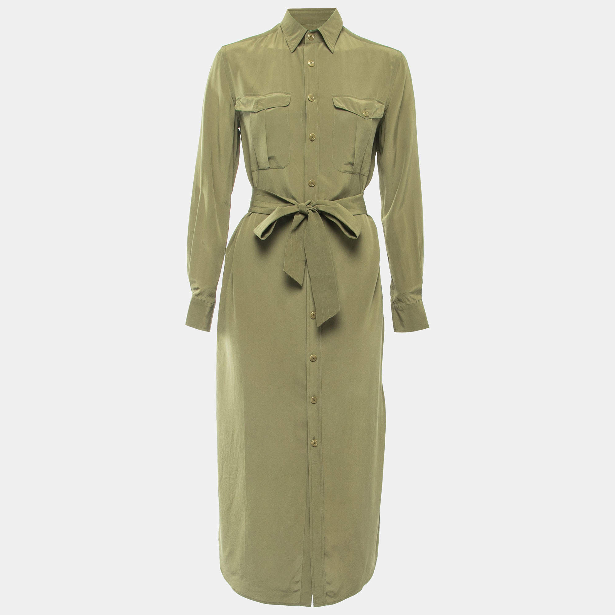 Pre Owned Polo Ralph Lauren Green Silk Button Front Belted Midi Dress S