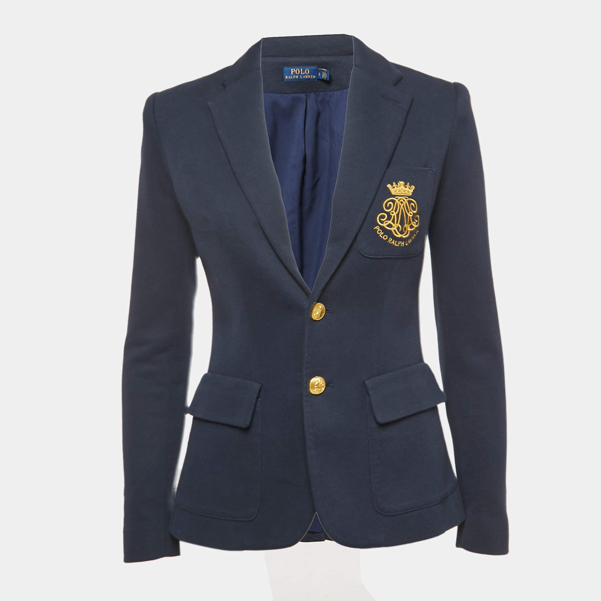 مملوكة مسبقًا Polo Ralph Lauren Navy Blue Crest Embroidered Cotton Blend Single Breasted Blazer S