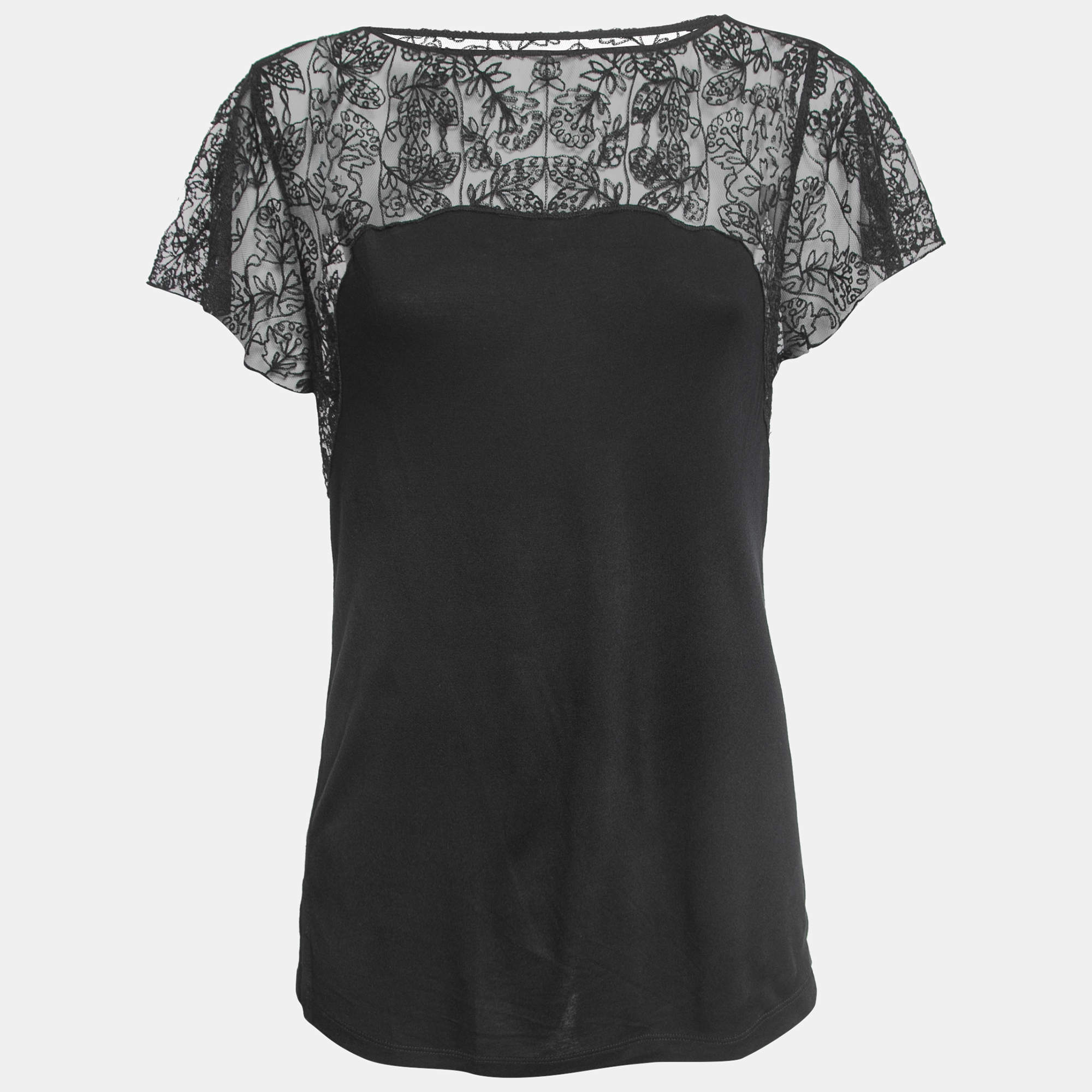 Pre Owned Polo Ralph Lauren Black Knit Lace Detail Short Sleeve Top M