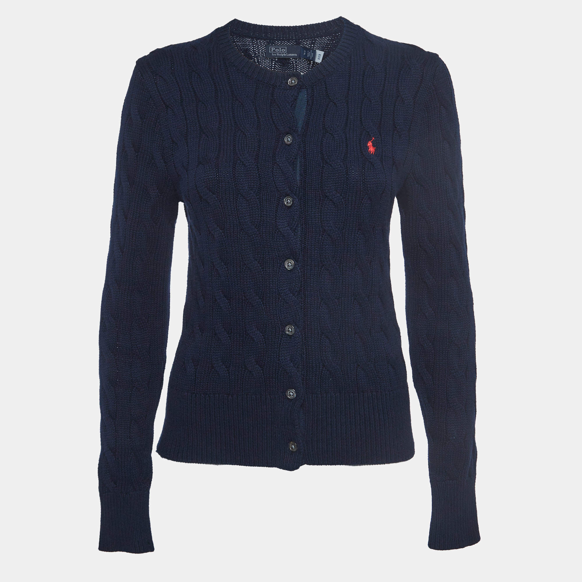 مملوكة مسبقًا Polo Ralph Lauren Navy Blue Cable-Knit Cotton Crewneck Cardigan 