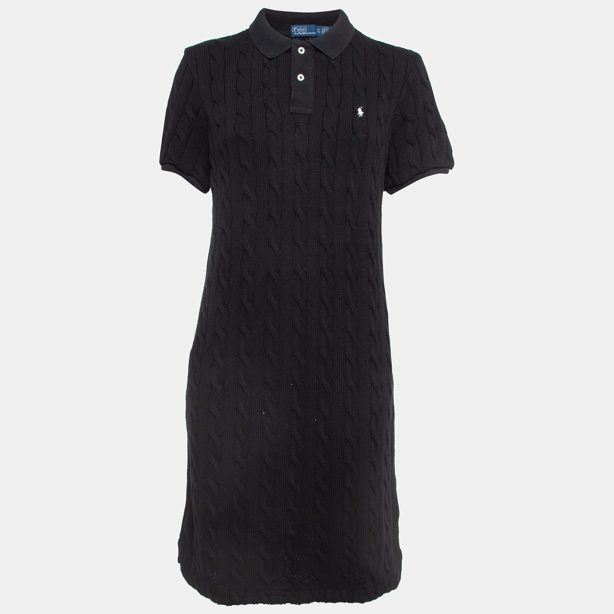 Pre Owned Polo Ralph Lauren Black Logo Embroidered Cable Knit Mini Polo Dress XL