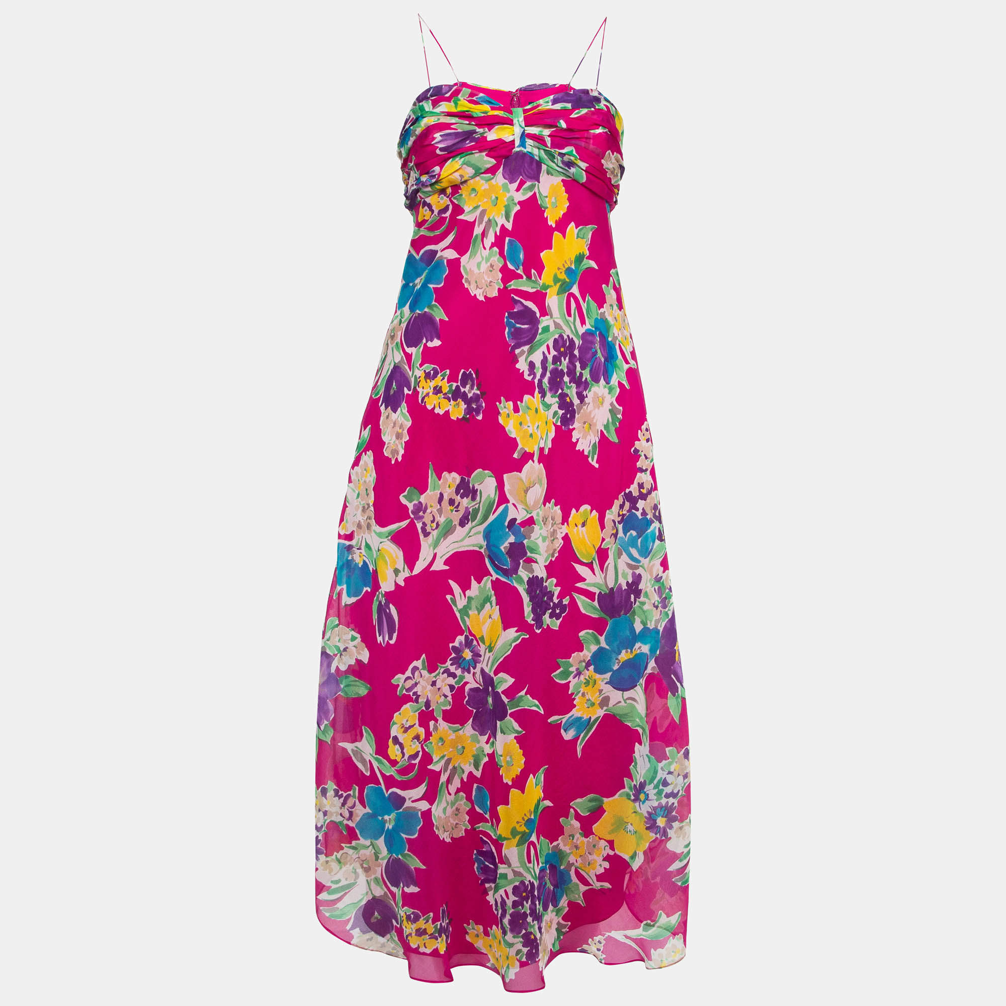 Pre Owned Polo Ralph Lauren Pink Floral Silk Spaghetti Strap Midi Dress M