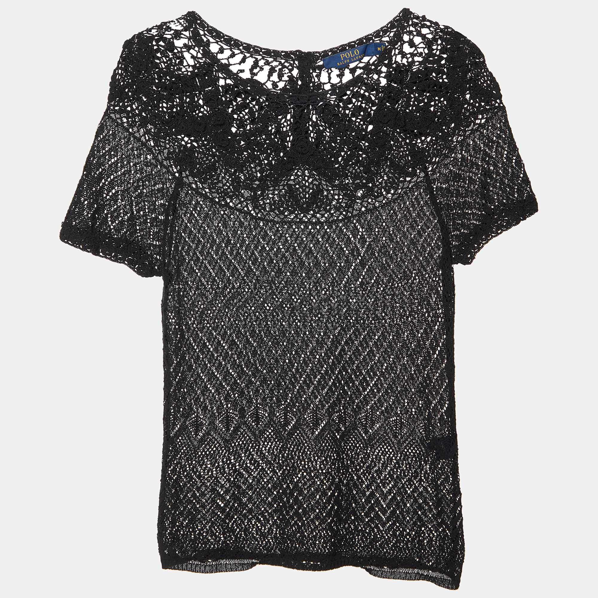 Pre Owned Polo Ralph Lauren Black Patterned Crochet Top M