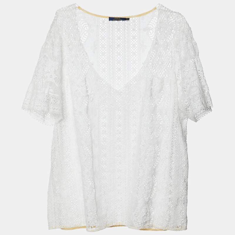 Pre Owned Polo Ralph Lauren White Lace V-Neck Blouse M