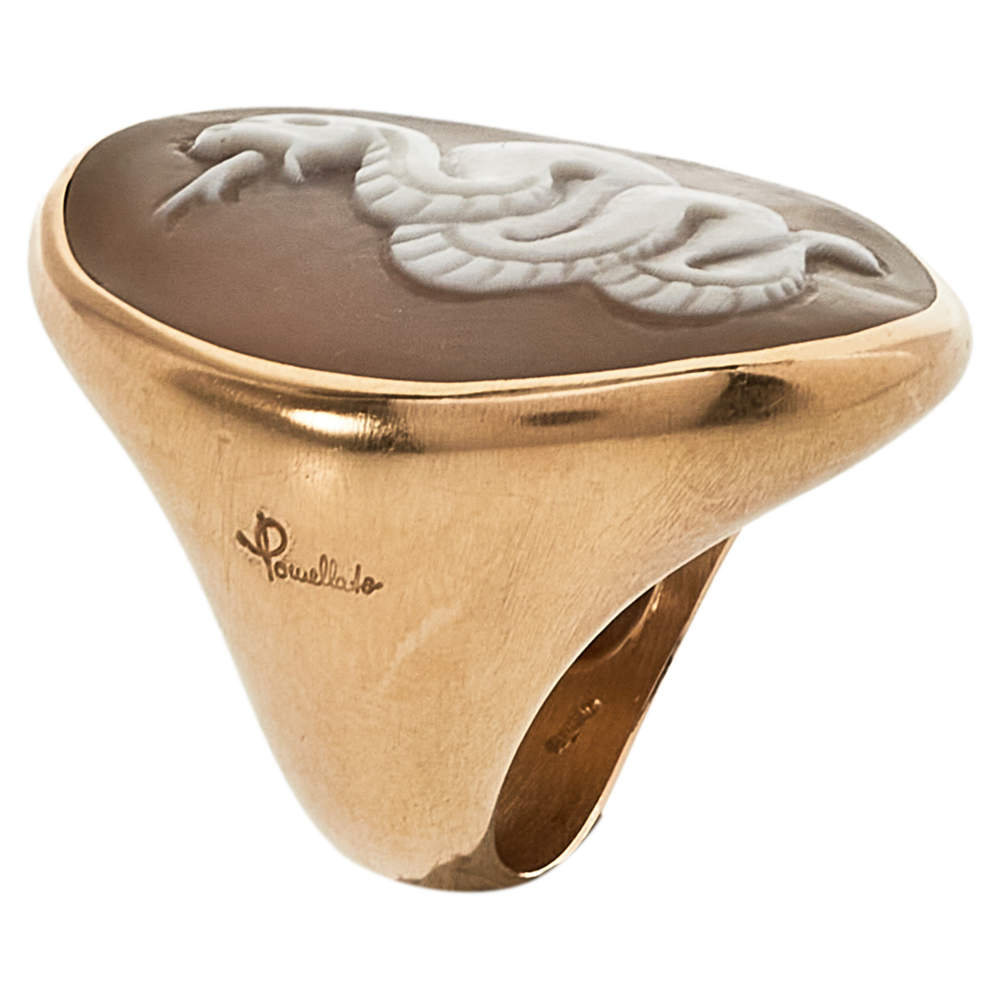 Pre Owned Pomellato Snake Cameo Shell 18K Rose Gold Oval Cocktail Ring Size 55 