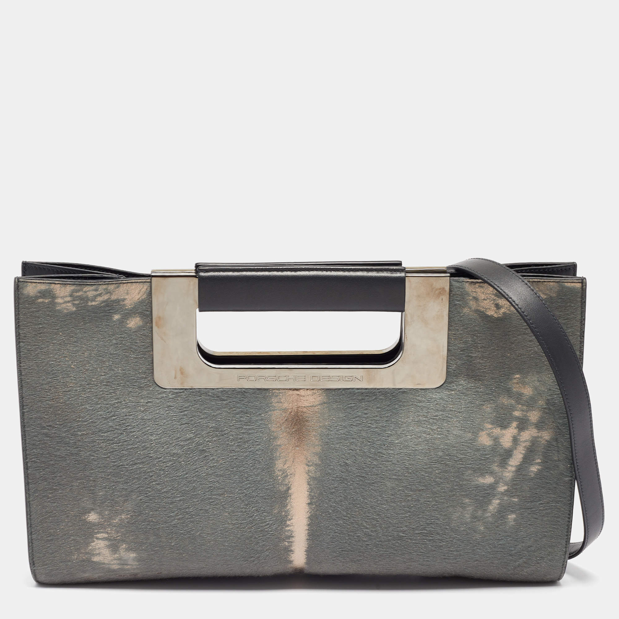 Porsche Design Grey/Shimmer Calfhair and Leather Cut Out Frame Handle Bag