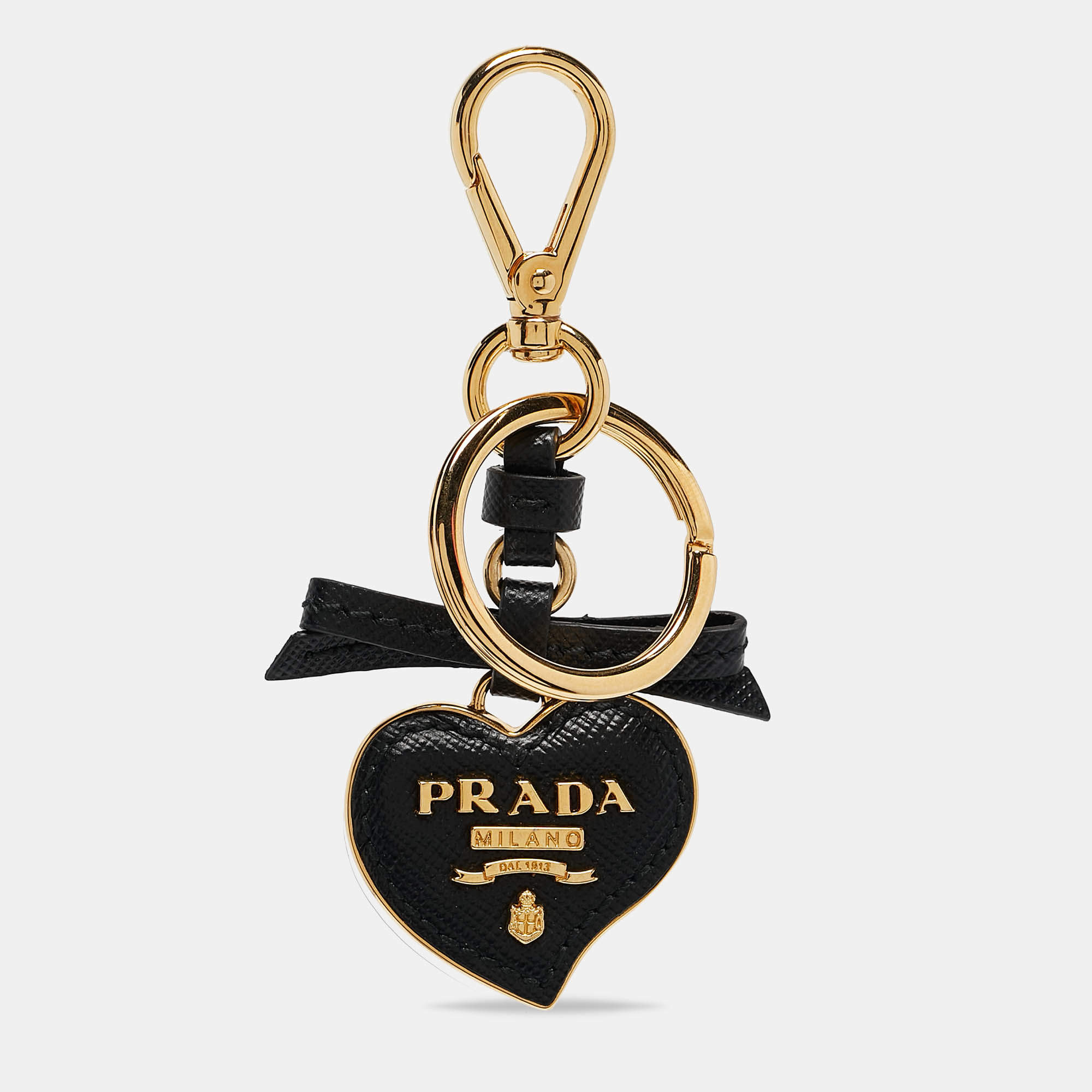 Prada Black Saffiano Leather Gold Tone Heart Key Chain