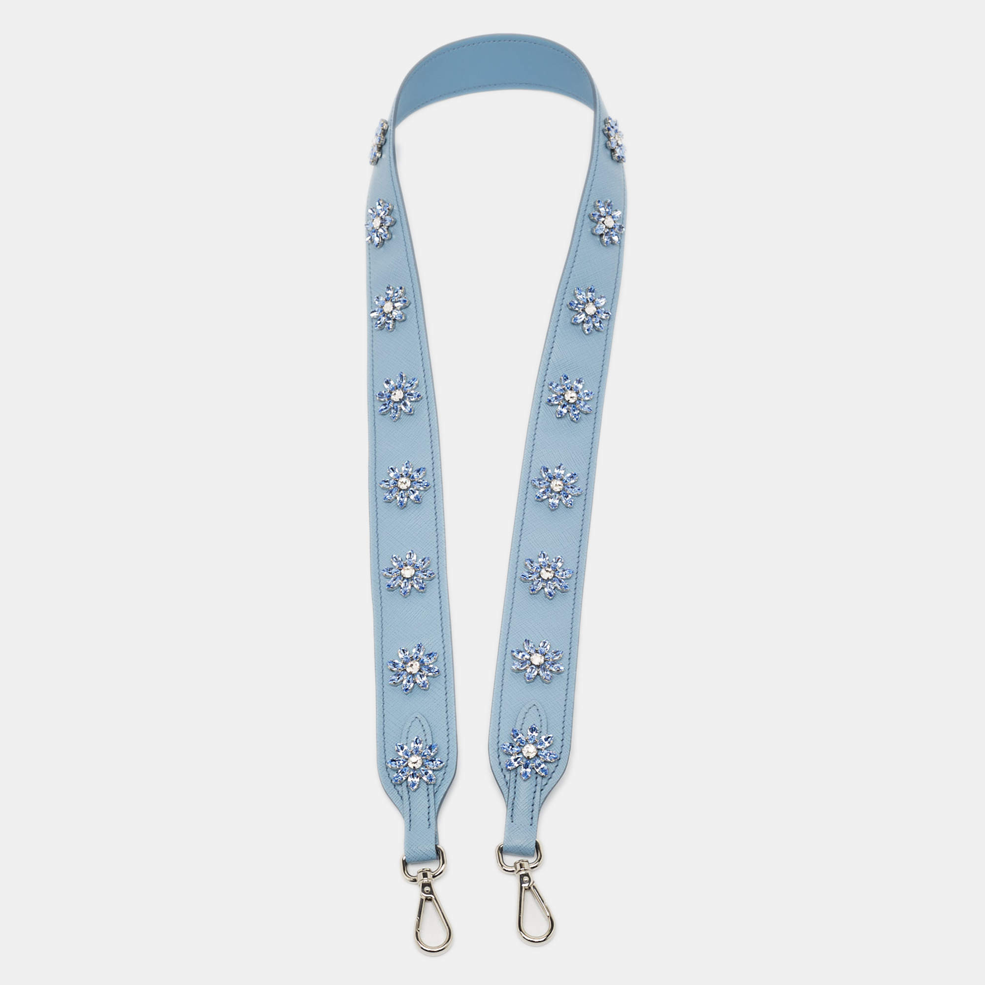 Pre Owned Prada Light Blue Saffiano Leather Crystals Embellished Shoulder Bag Strap