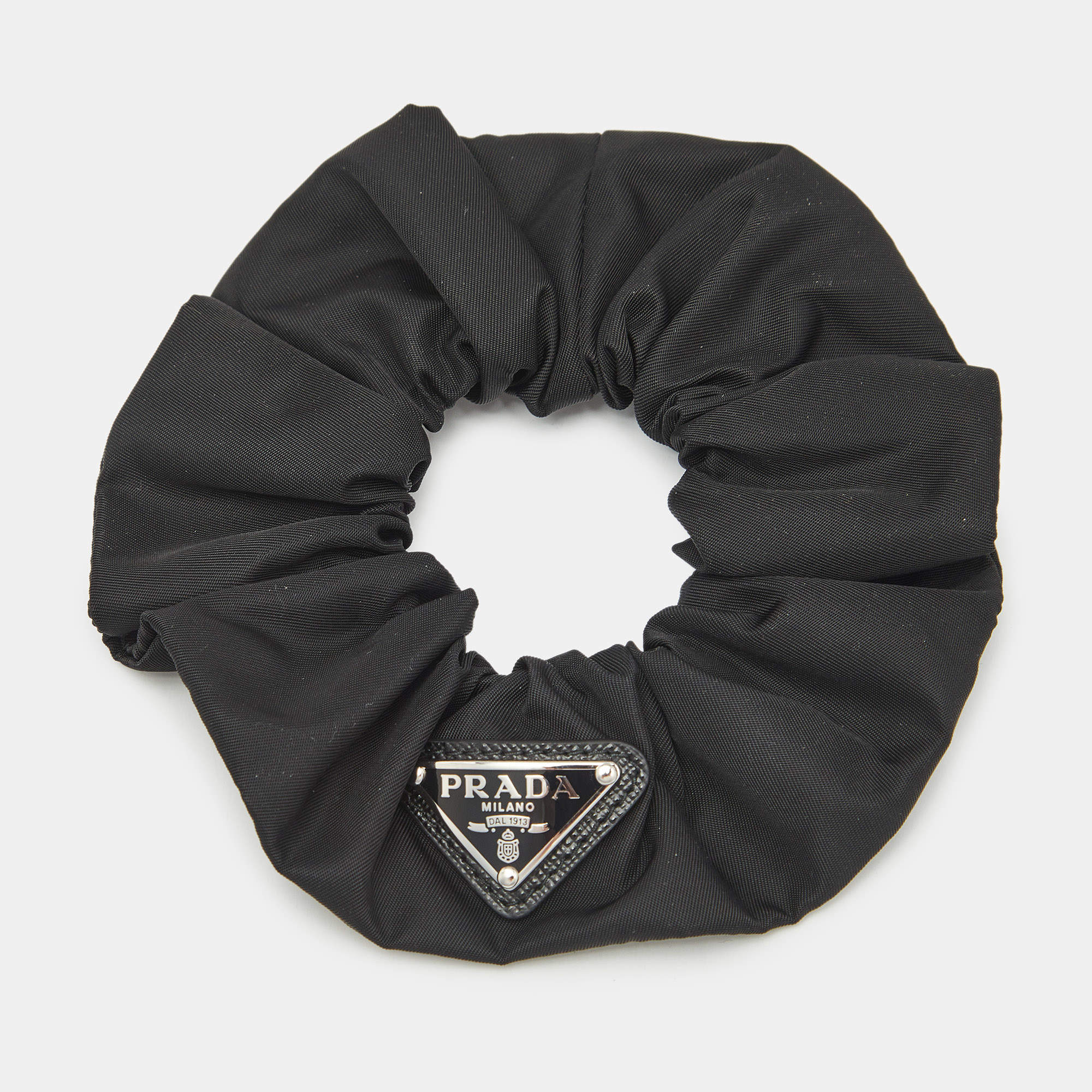 Pre Owned Prada Black Nylon Logo Plaque  Hair Scrunchie