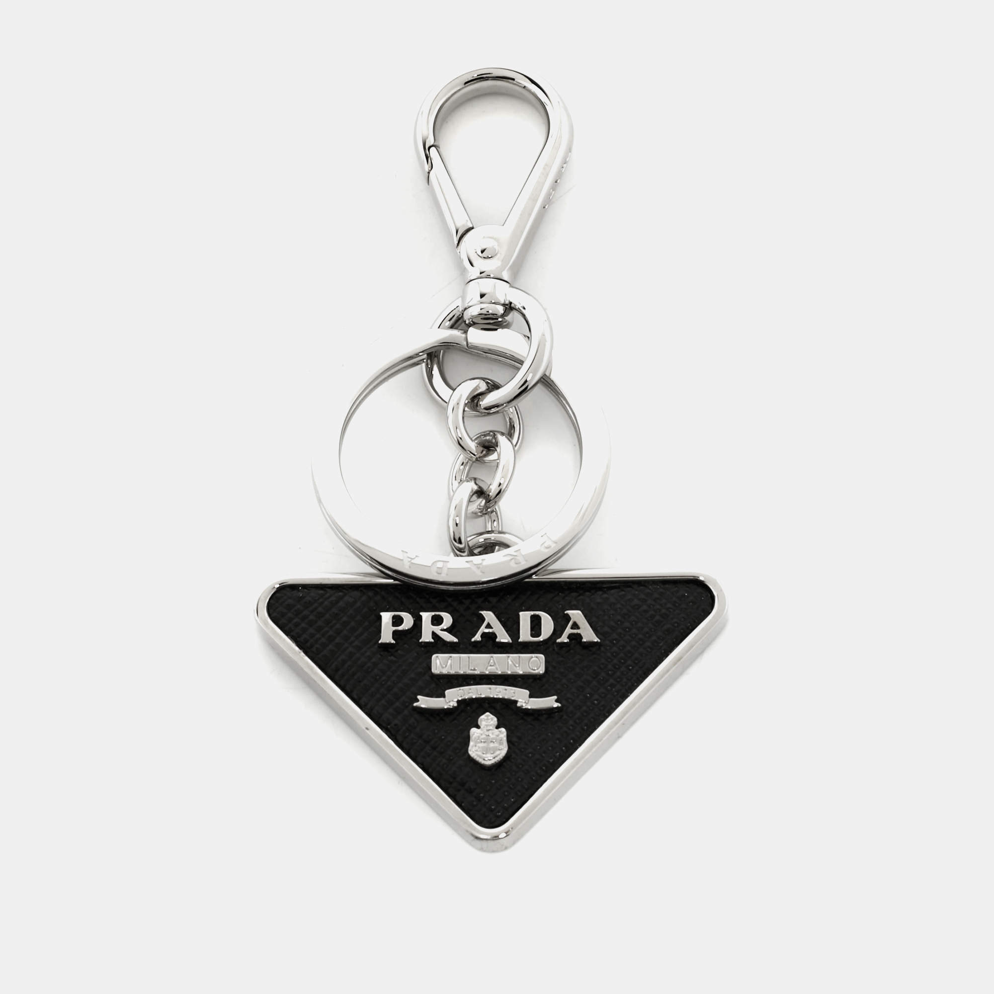 Pre Owned Prada Black Saffiano Leather Triangle Logo Key Chain