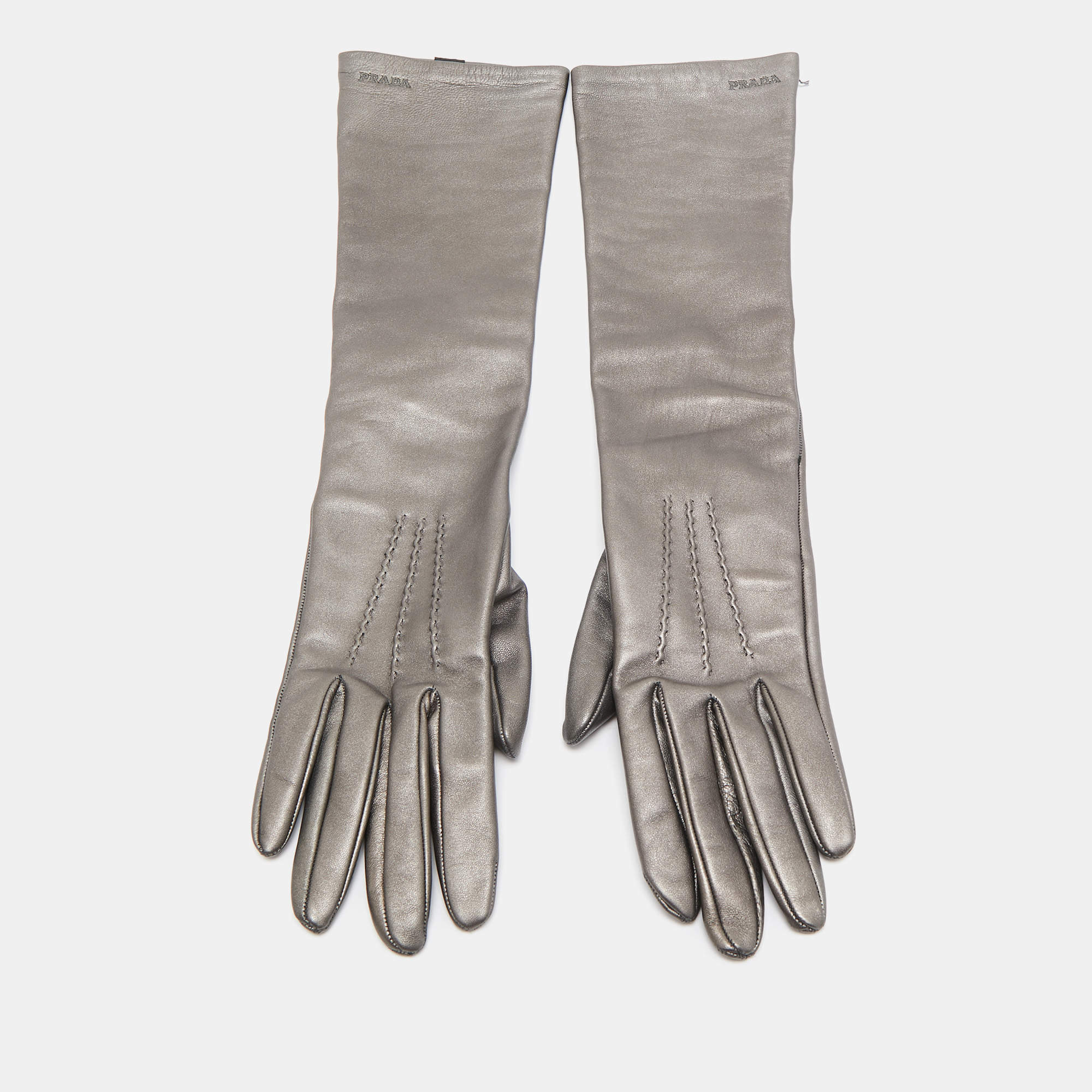 Prada Metallic Silver Leather Long Gloves Size 7.5