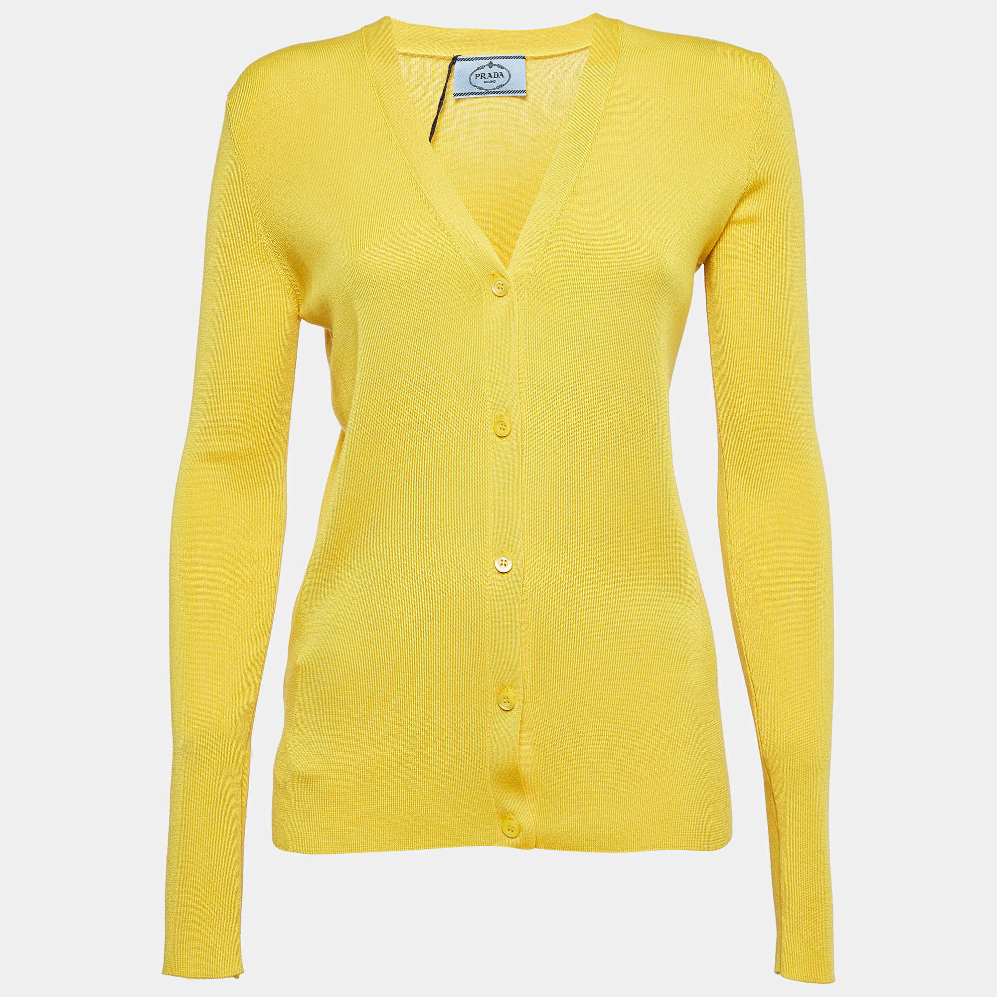 Prada Yellow Cashmere Blend Rib Knit Cardigan M