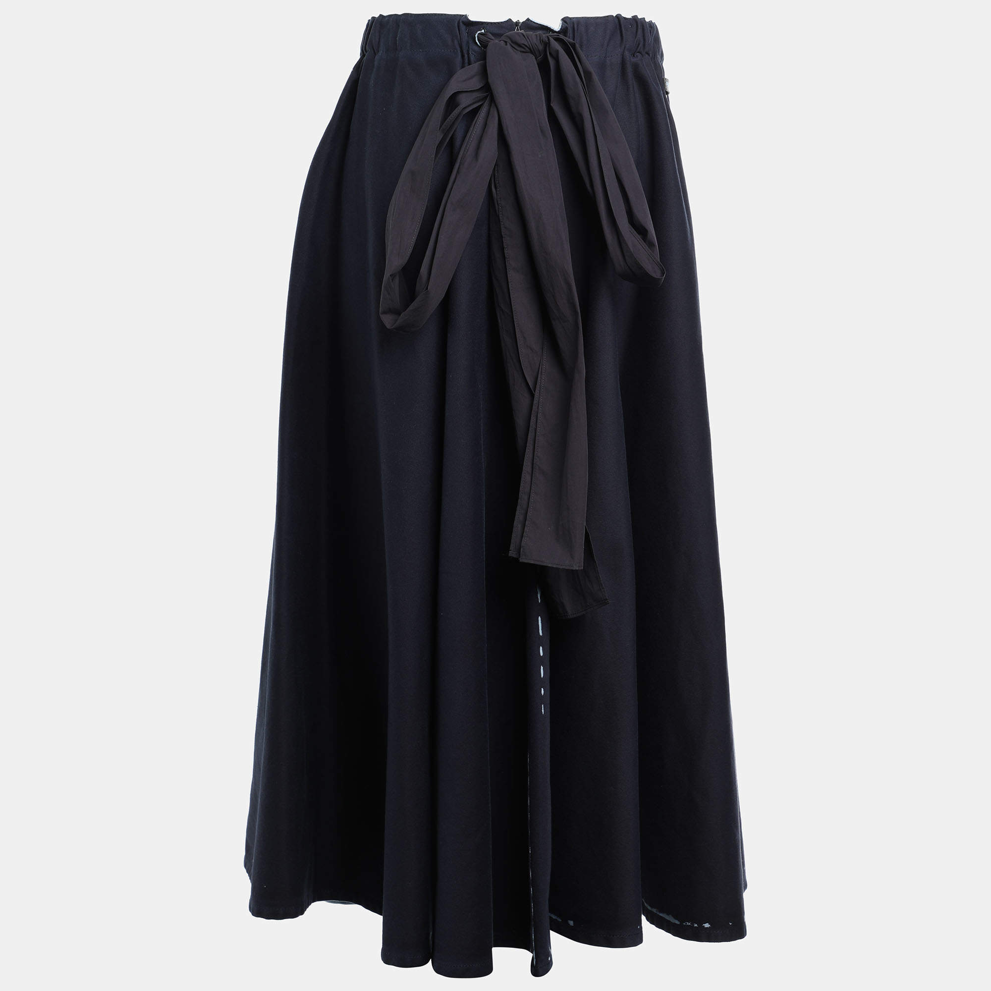 Pre Owned Prada Navy Blue Cotton Waist Tie Detail Midi Skirt L