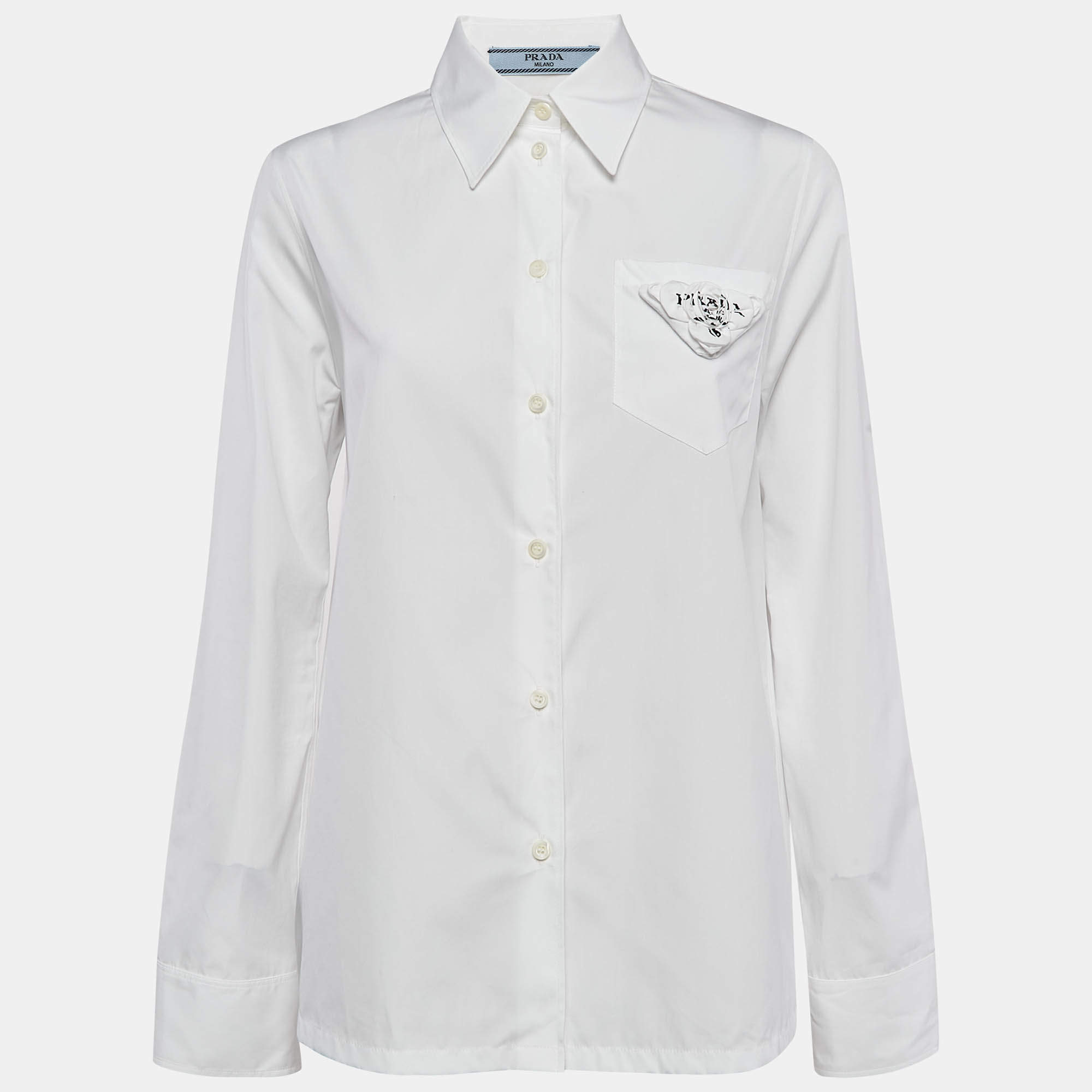 Pre Owned Prada White Poplin Logo Applique Detail Shirt M