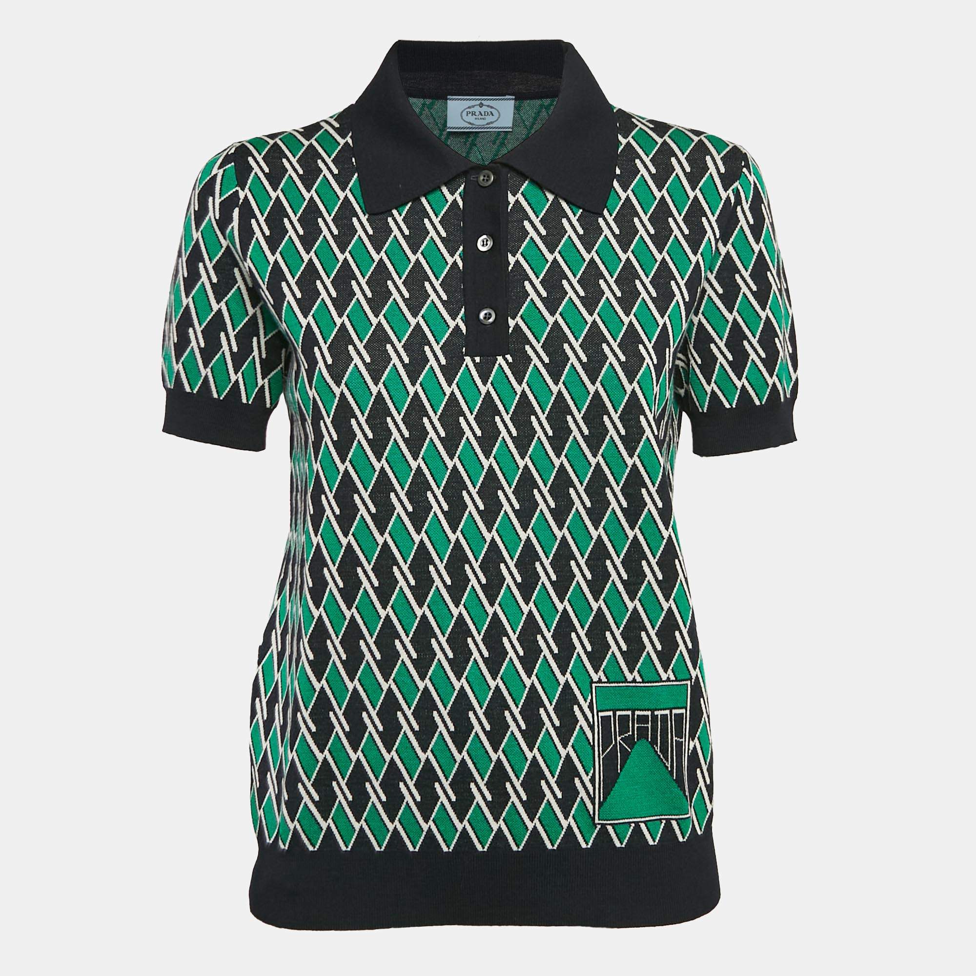 Pre Owned Prada Navy Green Jacquard Wool Knit Polo T-Shirt M
