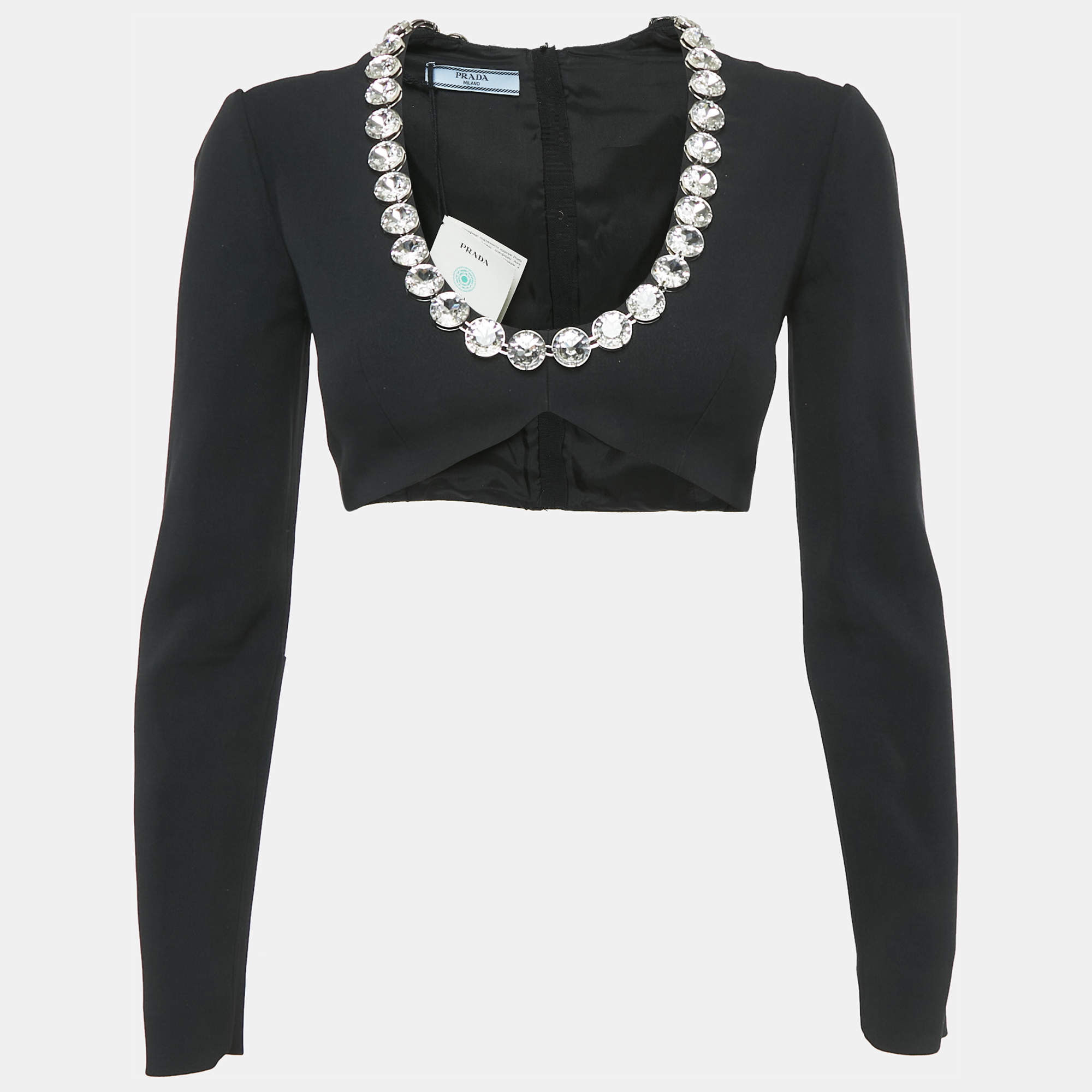 Prada Black Crystal Studded Crepe Crop Top XS