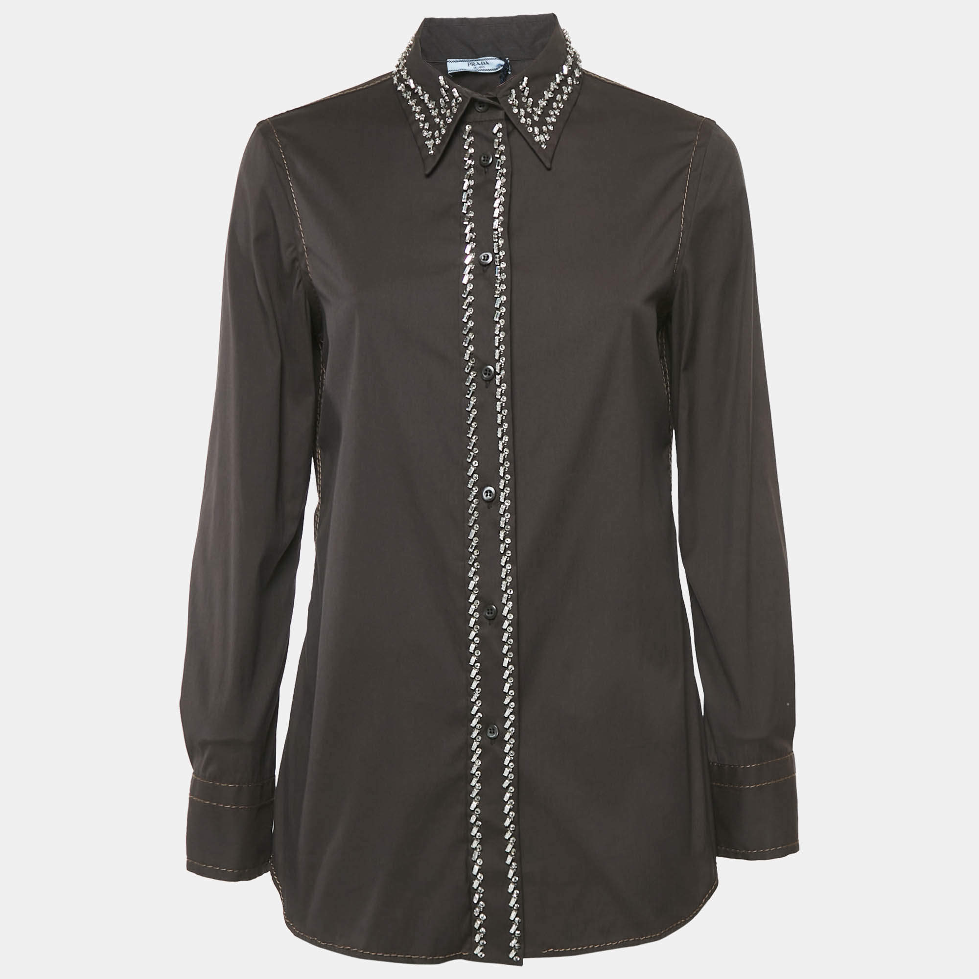 Prada Cacao Brown Embellished Poplin Button Front Shirt M