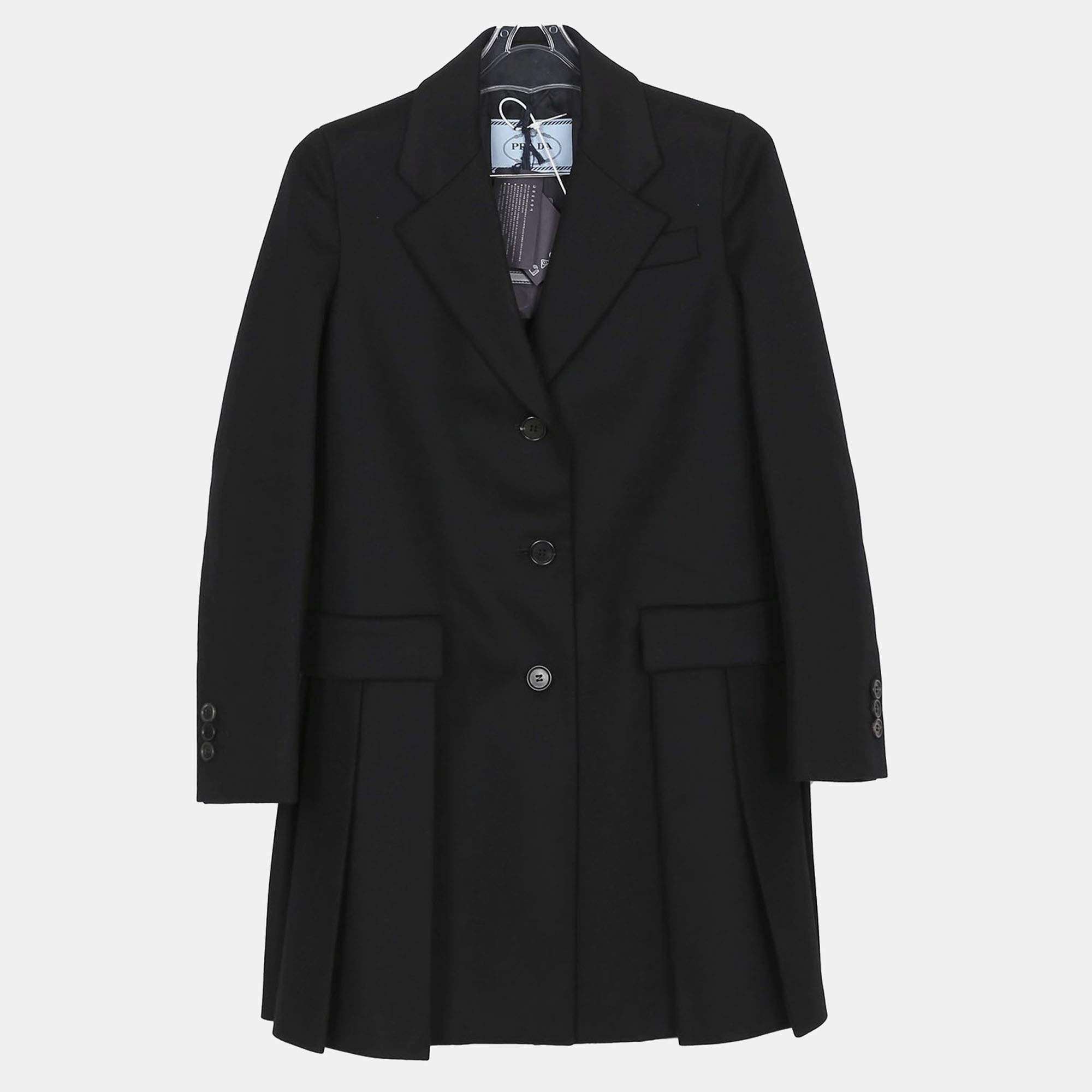 Prada Black Wool Pleated Detail Coat Size 36 
