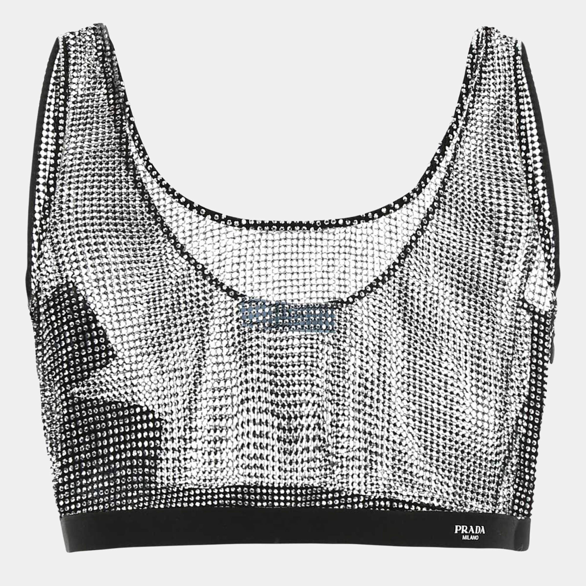 Prada Black Rhinestone Mesh Sheer Crop Top M