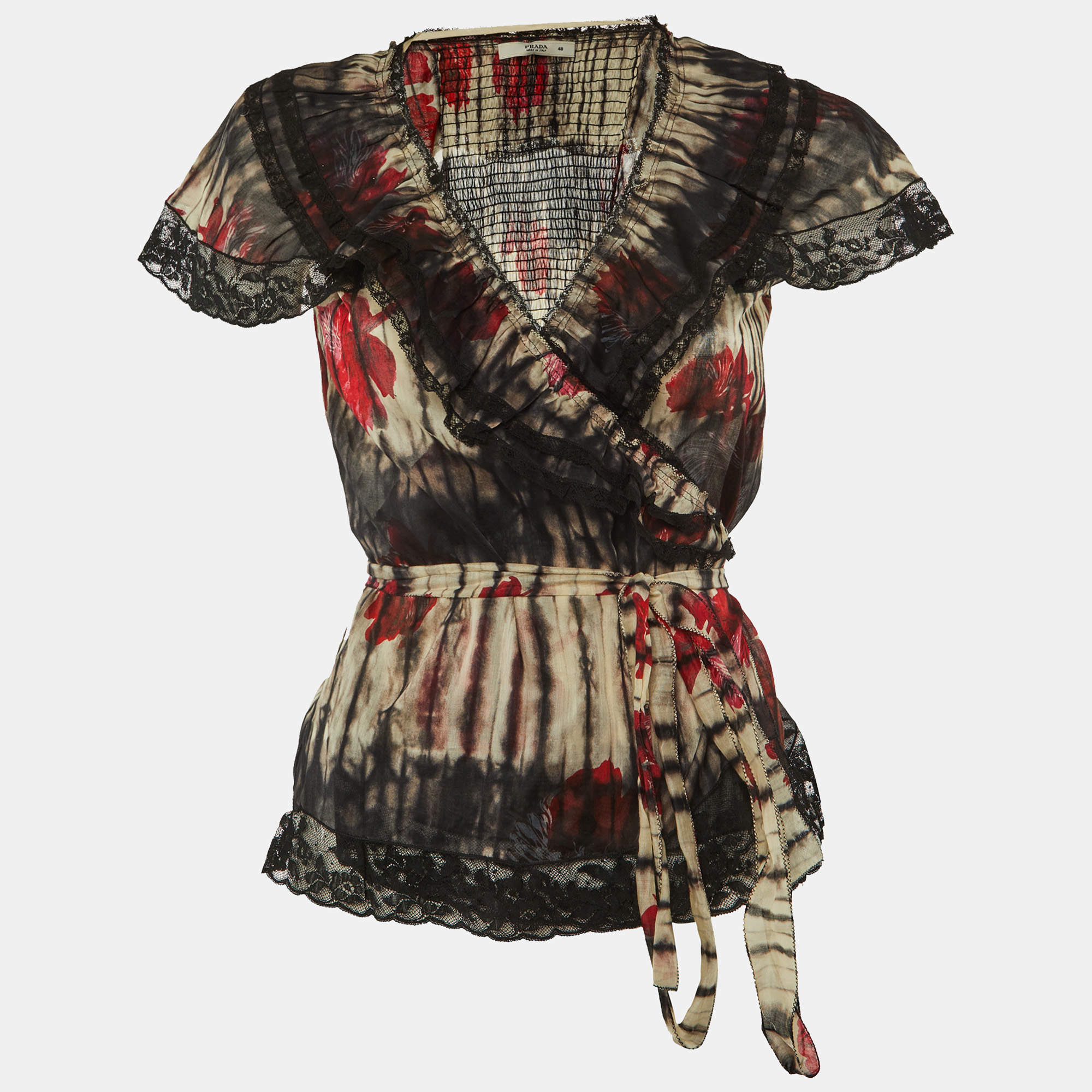 مملوكة مسبقًا توب برادا قطن مطبوع متعدد الألوان برباط دانتيل مقاس كبير