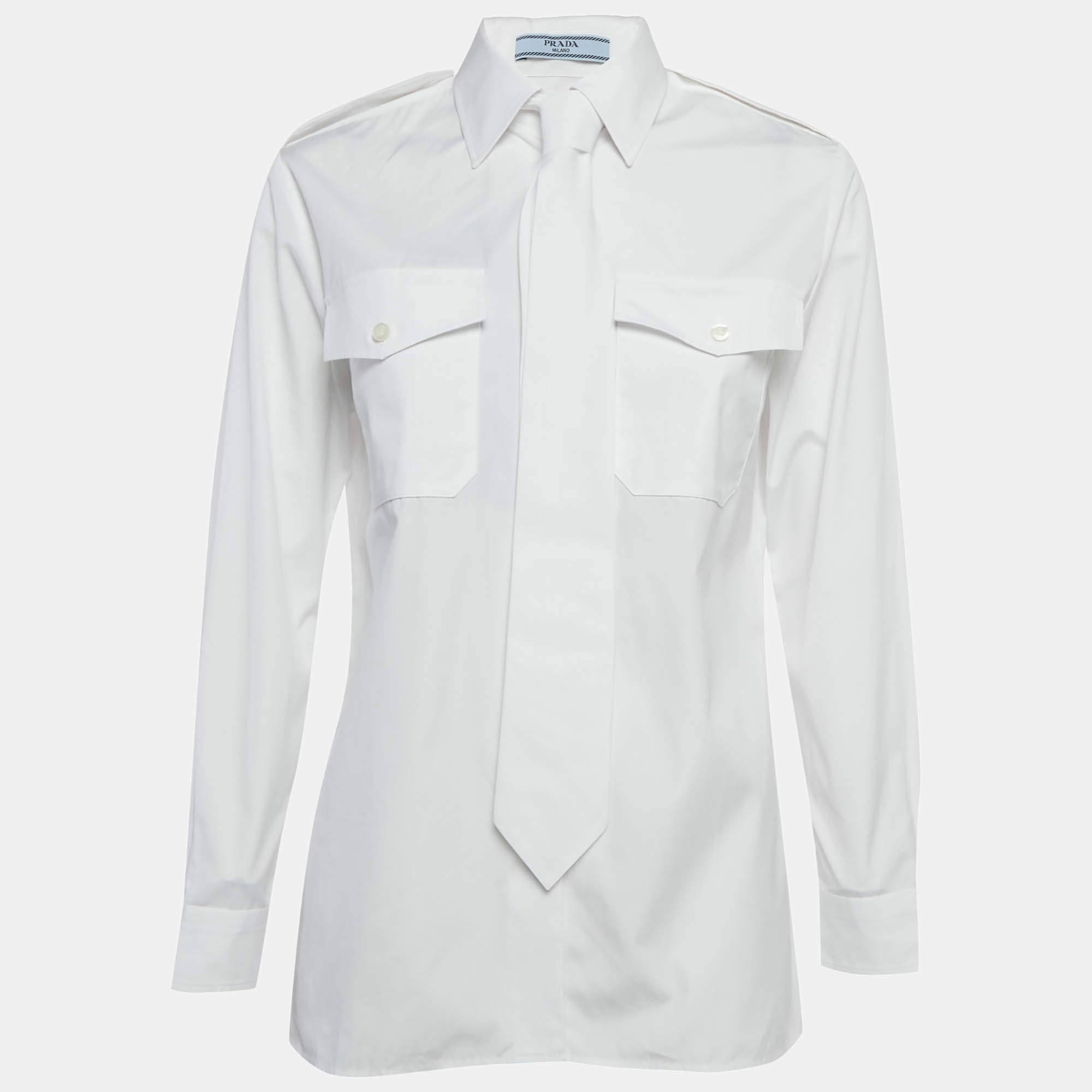 Pre Owned Prada White Cotton Tie Detail Button Front Shirt XS