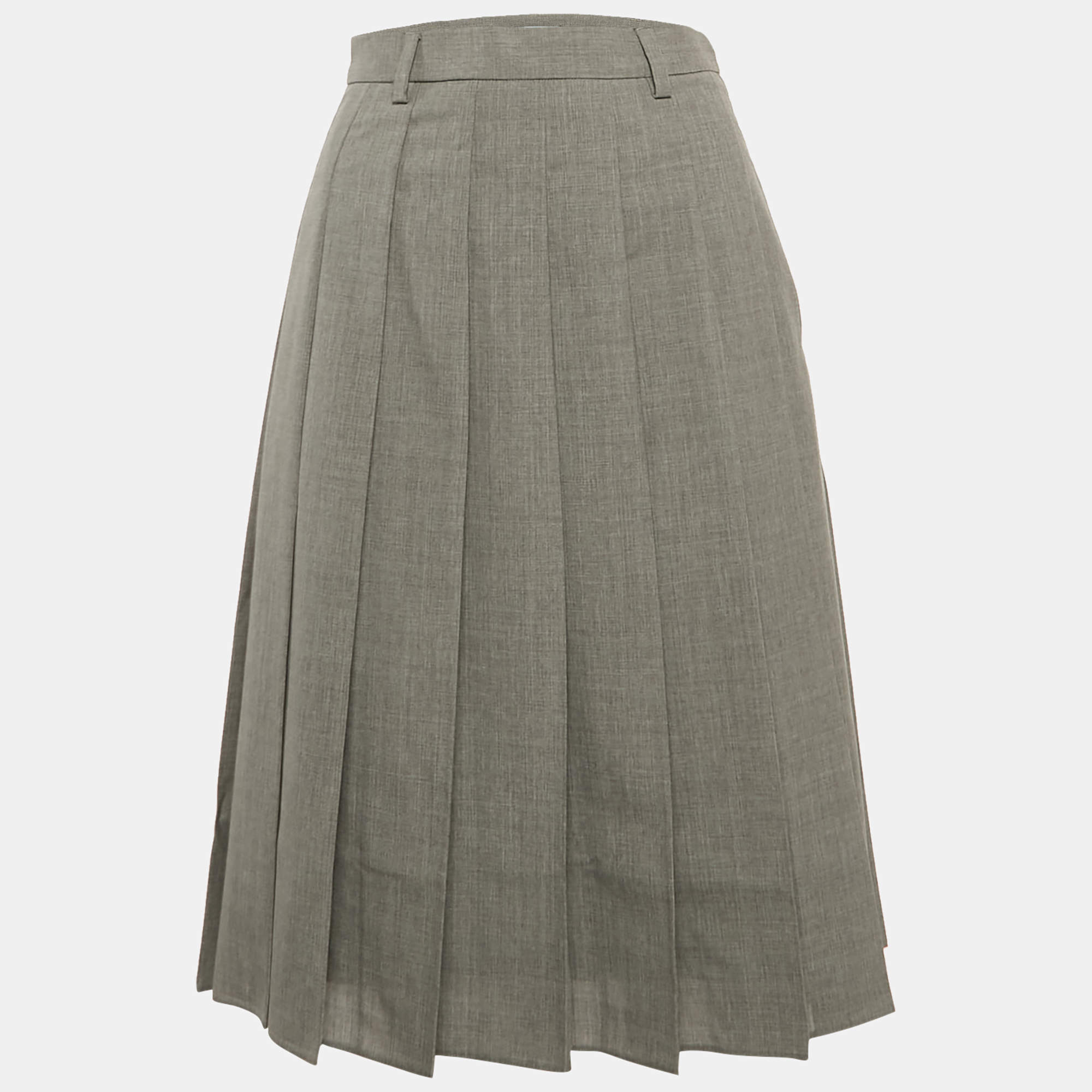 مملوكة مسبقًا Prada Grey Wool Pleated Midi Skirt XS