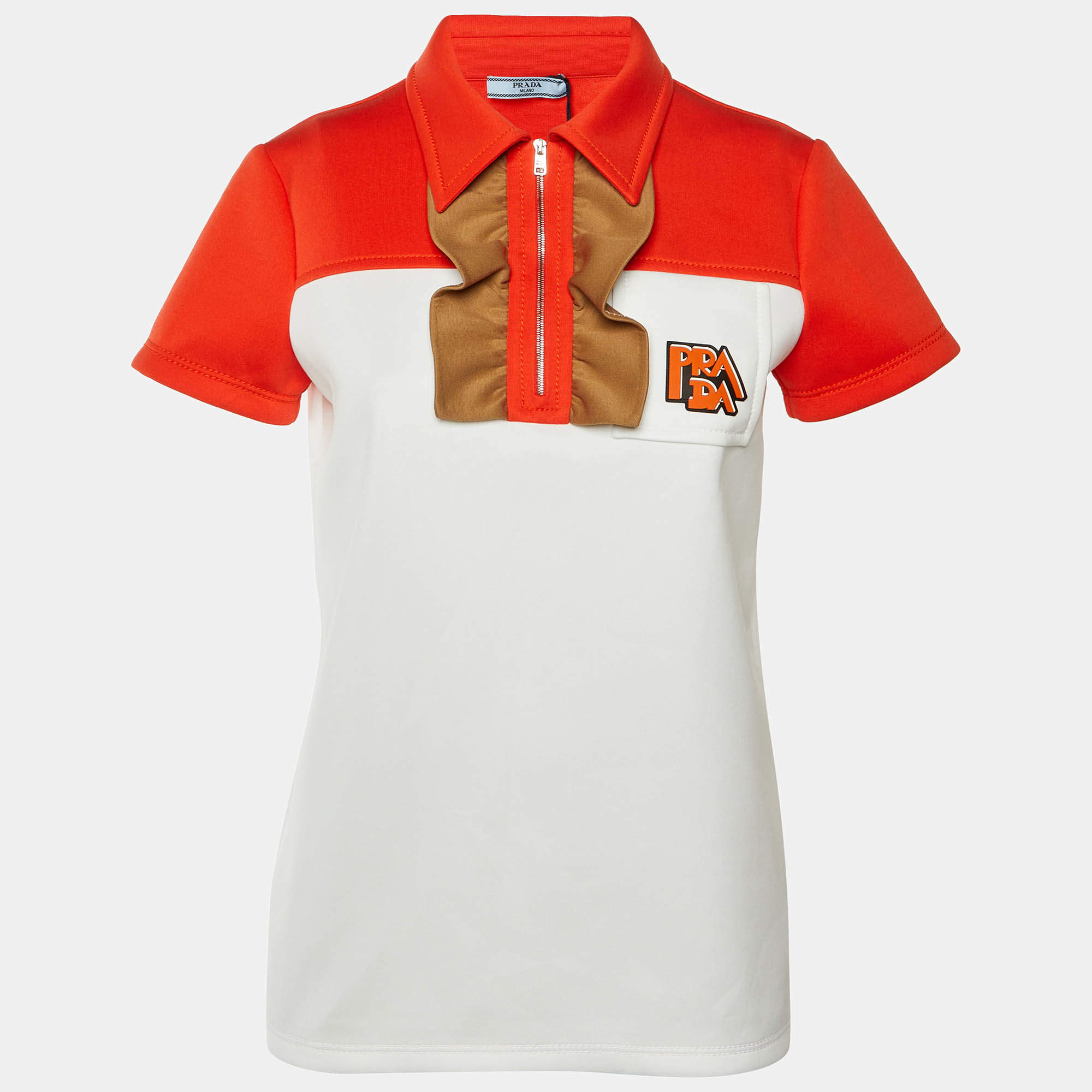 Pre Owned قميص بولو برادا أبيض/أحمر بتفاصيل متموجة من جيرسي تقني مقاس صغير - سمول