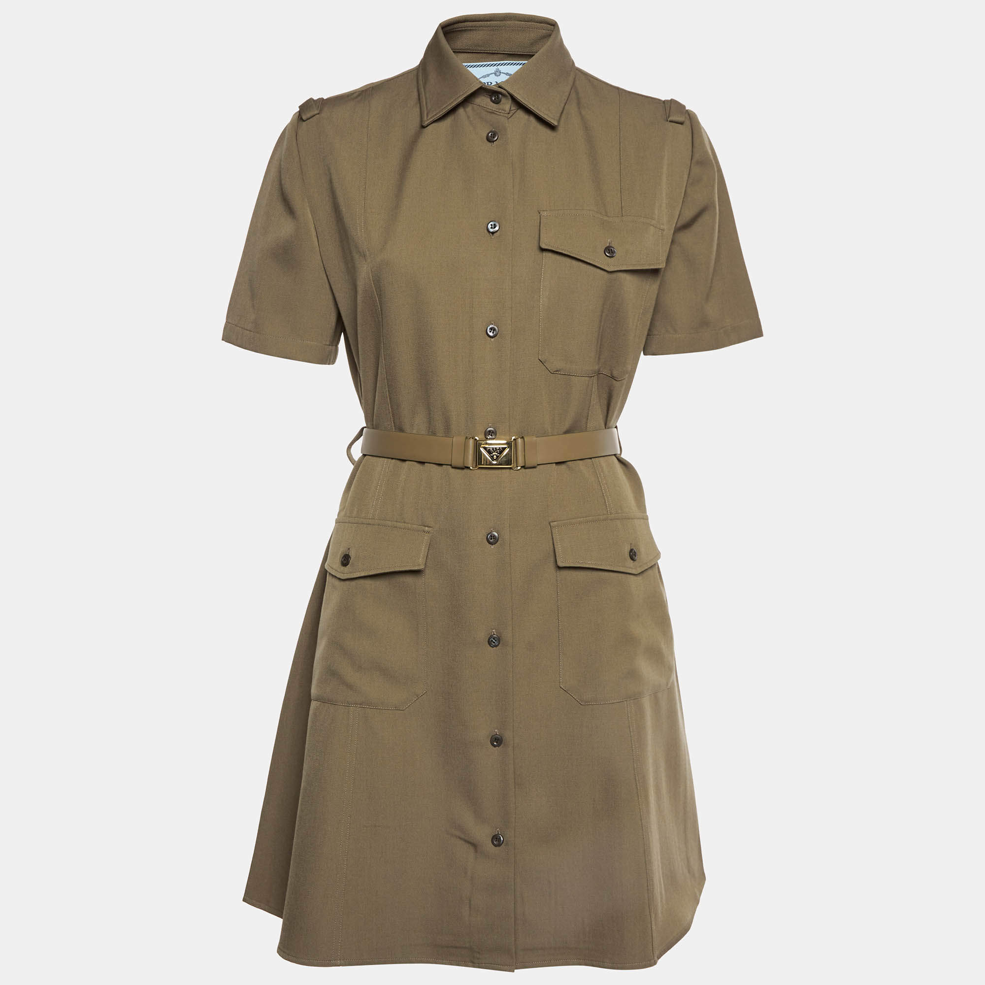Pre Owned Prada Khaki Wool Button Up Belted Mini Shirt Dress M
