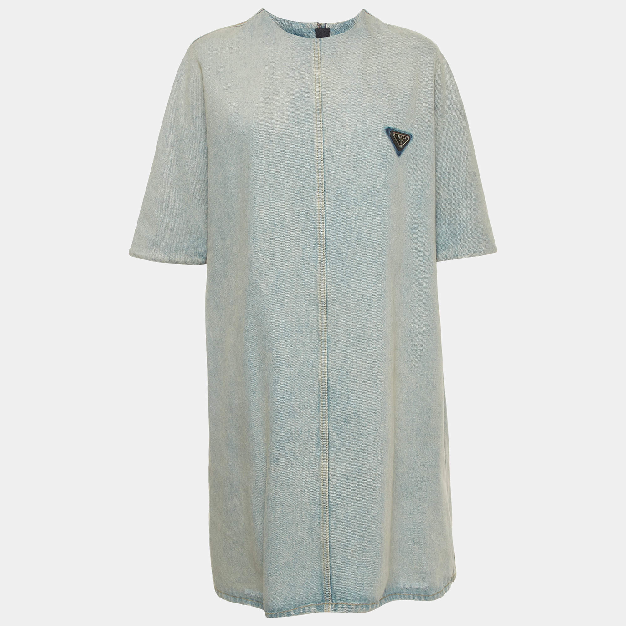 Pre Owned Prada Blue Triangle Logo Detail Washed Denim Short Sleeve Shirt Dress M