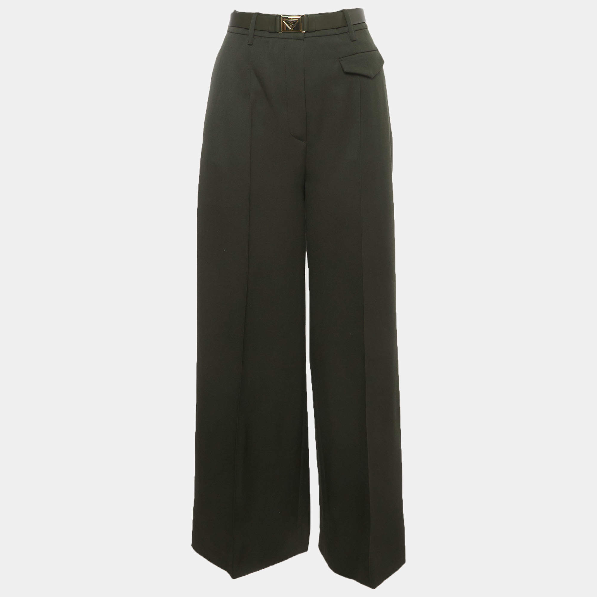 Pre Owned Prada Green Gabardine Belted High Waisted Trousers XS