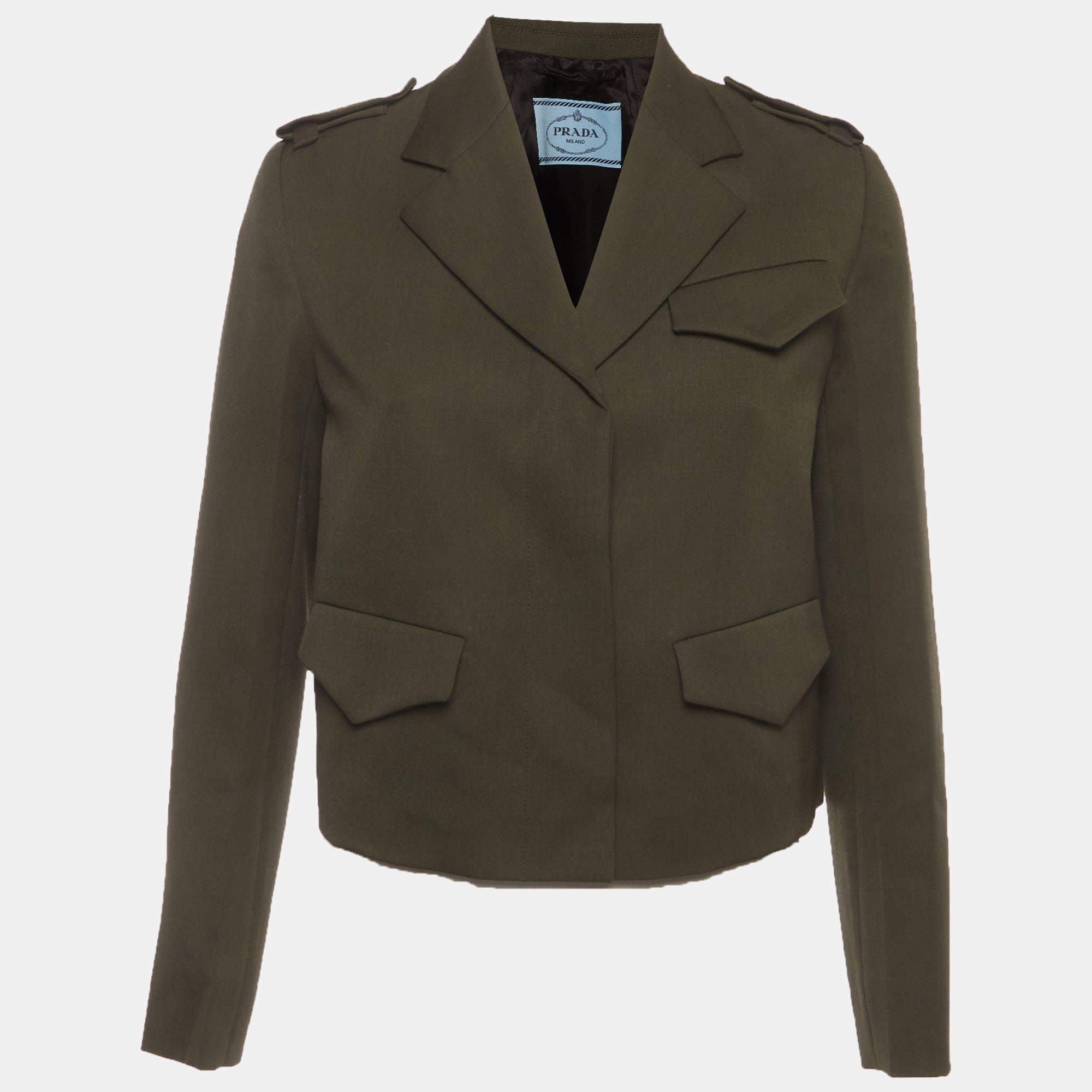 Pre Owned Prada Military Green Wool Gabardine Cropped Jacket XXS