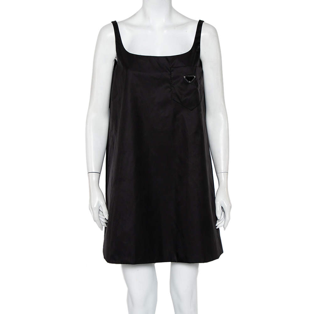 Prada Black Synthetic Logo Embossed Patch Pocket Detail Oversized Slip Dress S