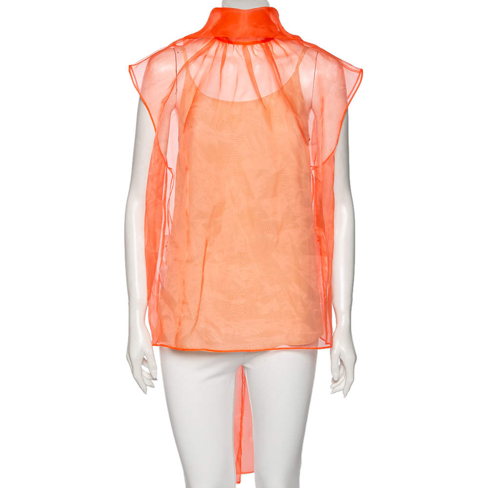 Pre Owned Prada Orange Silk Tulle Neck Tie Detailed Sleeveless Organza Blouse S