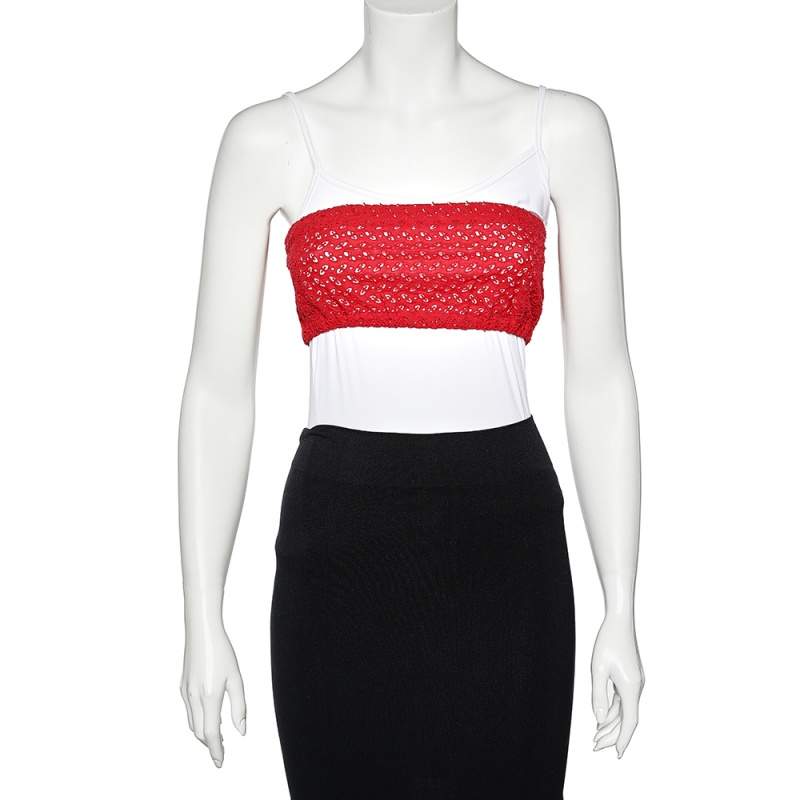 Pre Owned Prada Red Cutwork Lace Strapless Bustier S