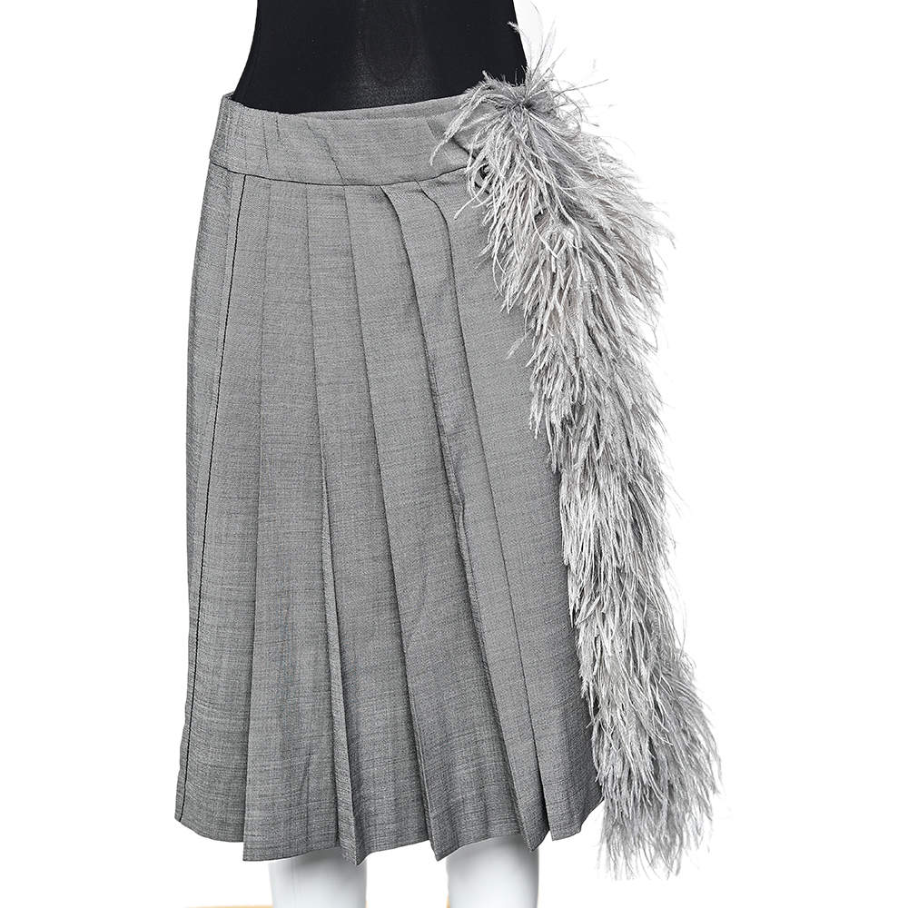 Pre Owned Prada Grey Wool & Silk Fur Trim Pleated Midi Skirt S