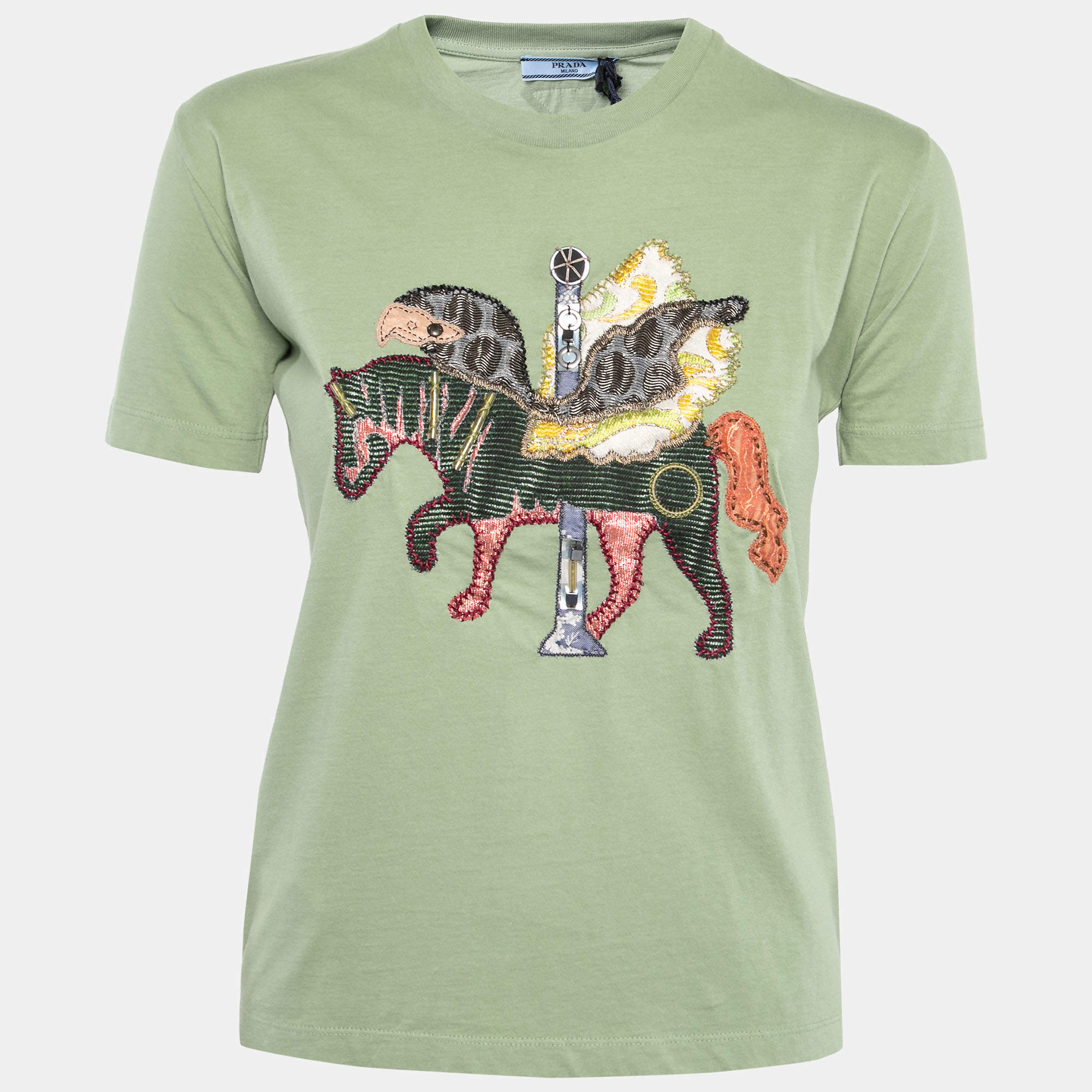 Prada Green Cotton Embroidered Embellished Short Sleeve T-Shirt M