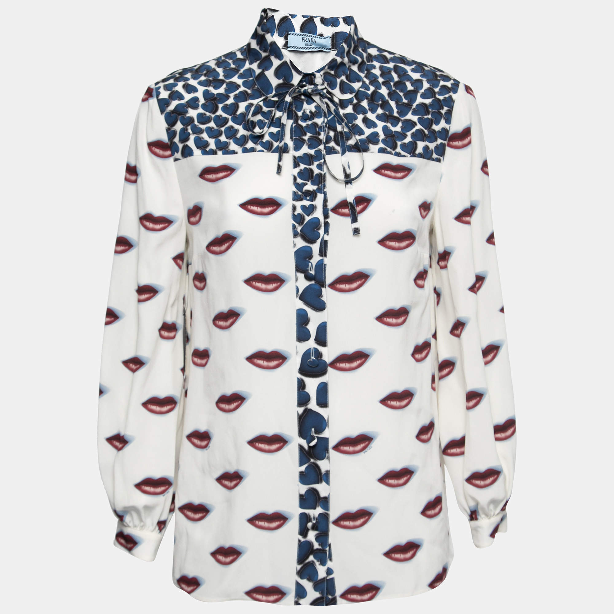 Prada White Lips & Hearts Print Silk Front Tie Neck Shirt S