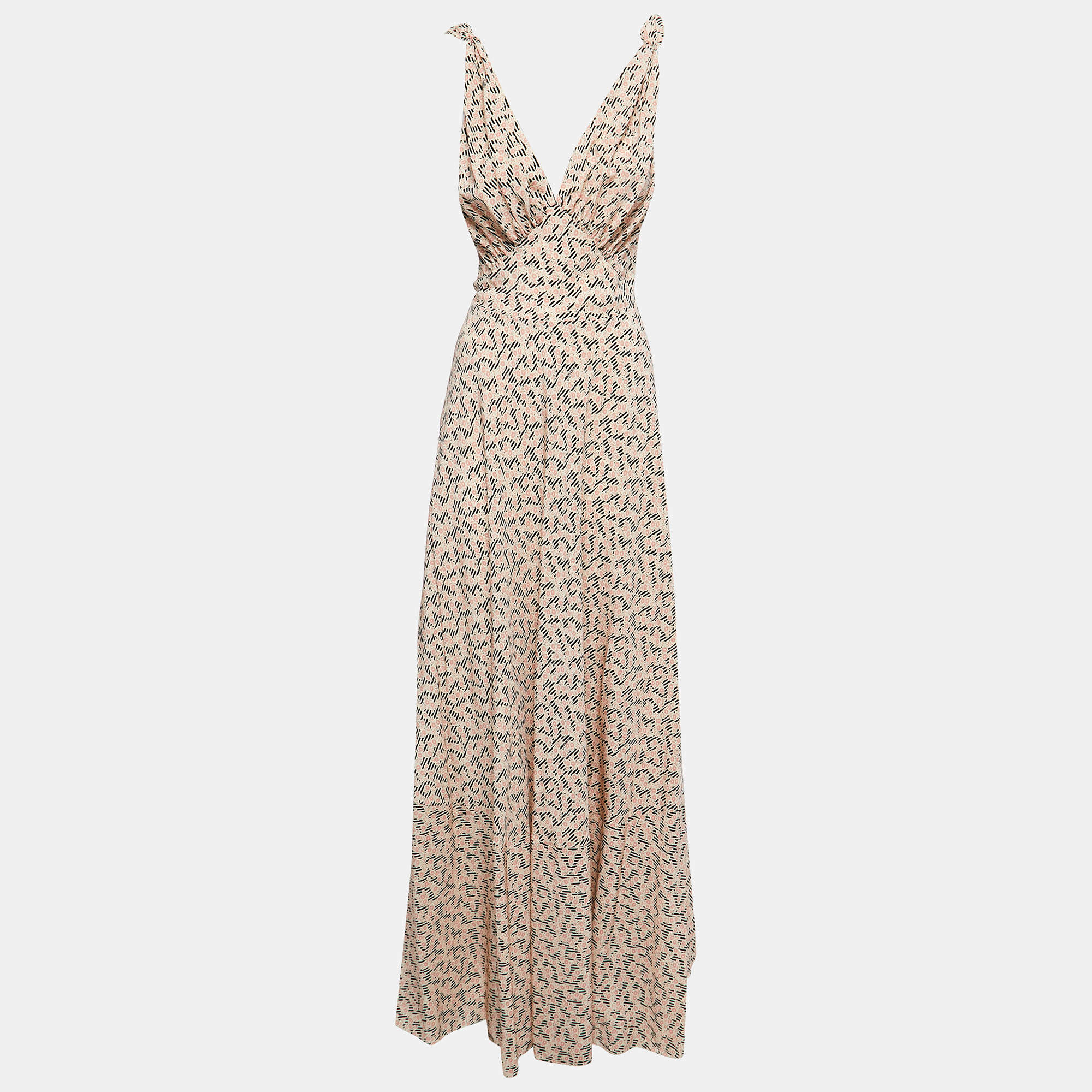 Prada Multicolor Printed Silk Plunge Neck Ramage Gown L 