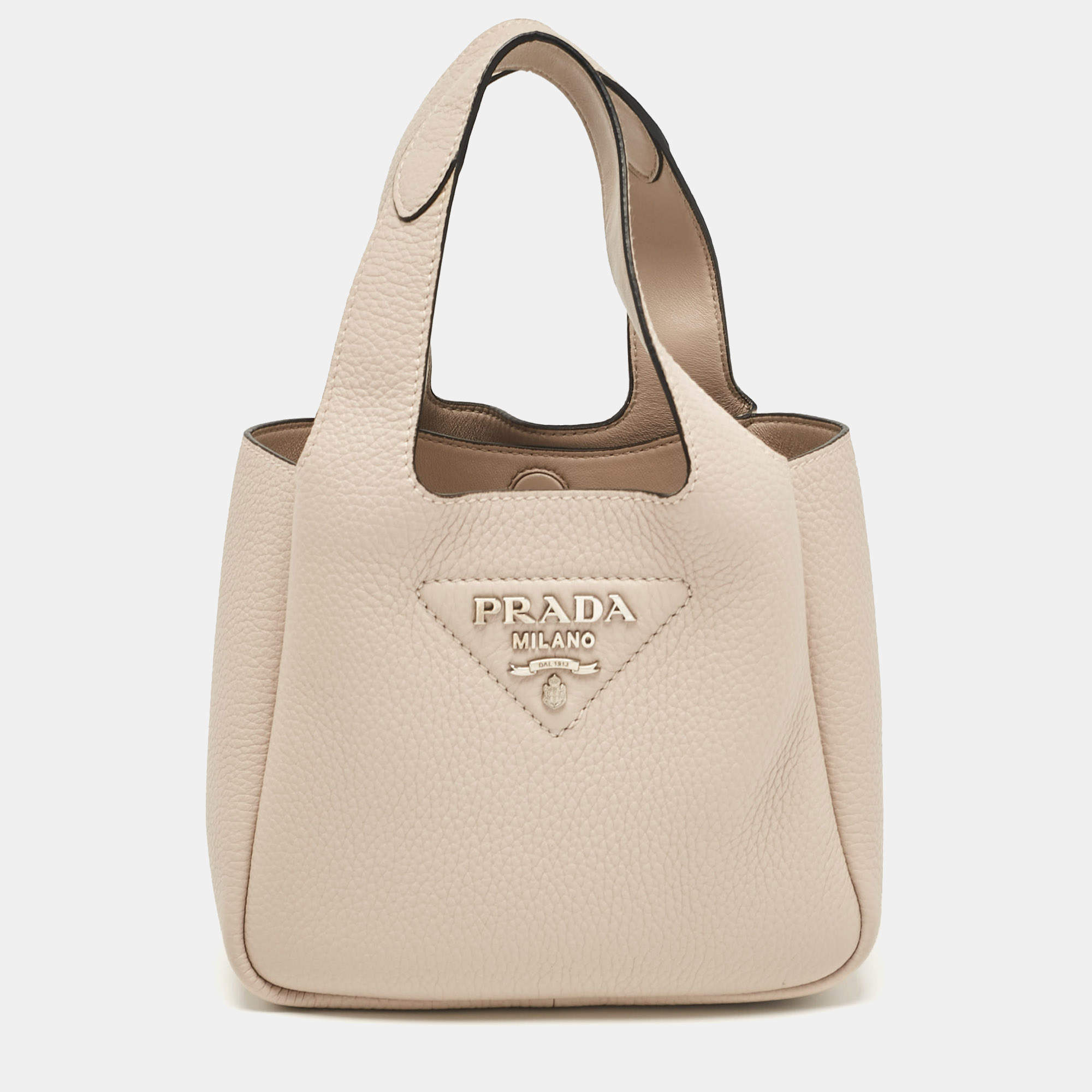 Pre Owned Prada Light Beige Vitello Daino Soft Leather Mini Dynamique Tote