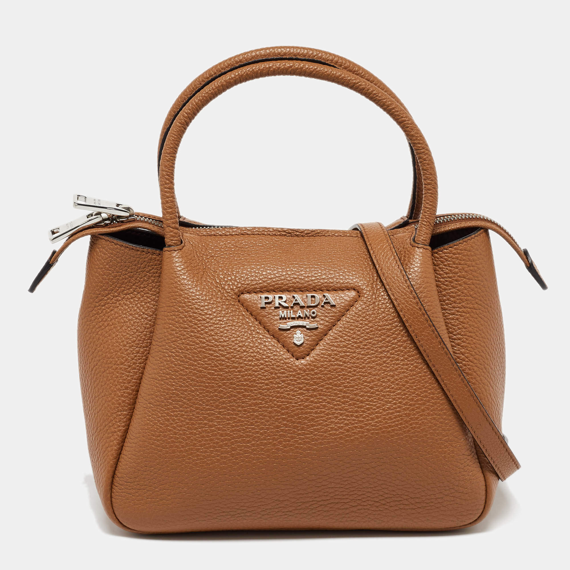 Prada Brown Leather Logo Embellished Mini Bag