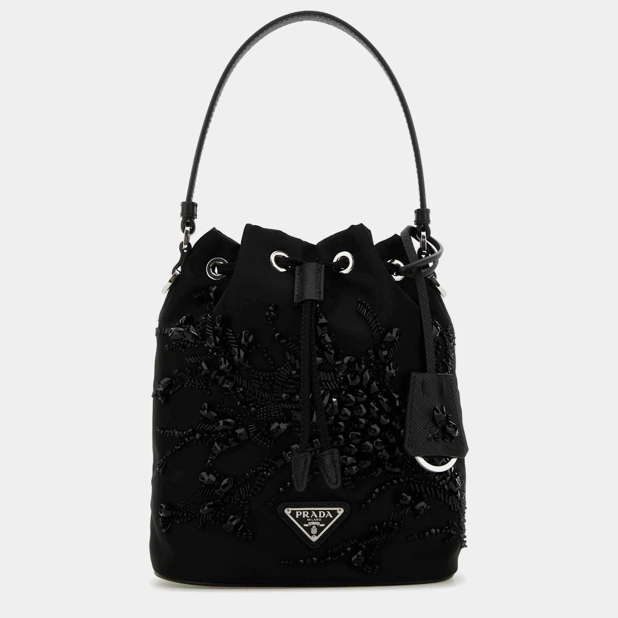 Prada Black Embroidered Nylon Bucket Shoulder Bag