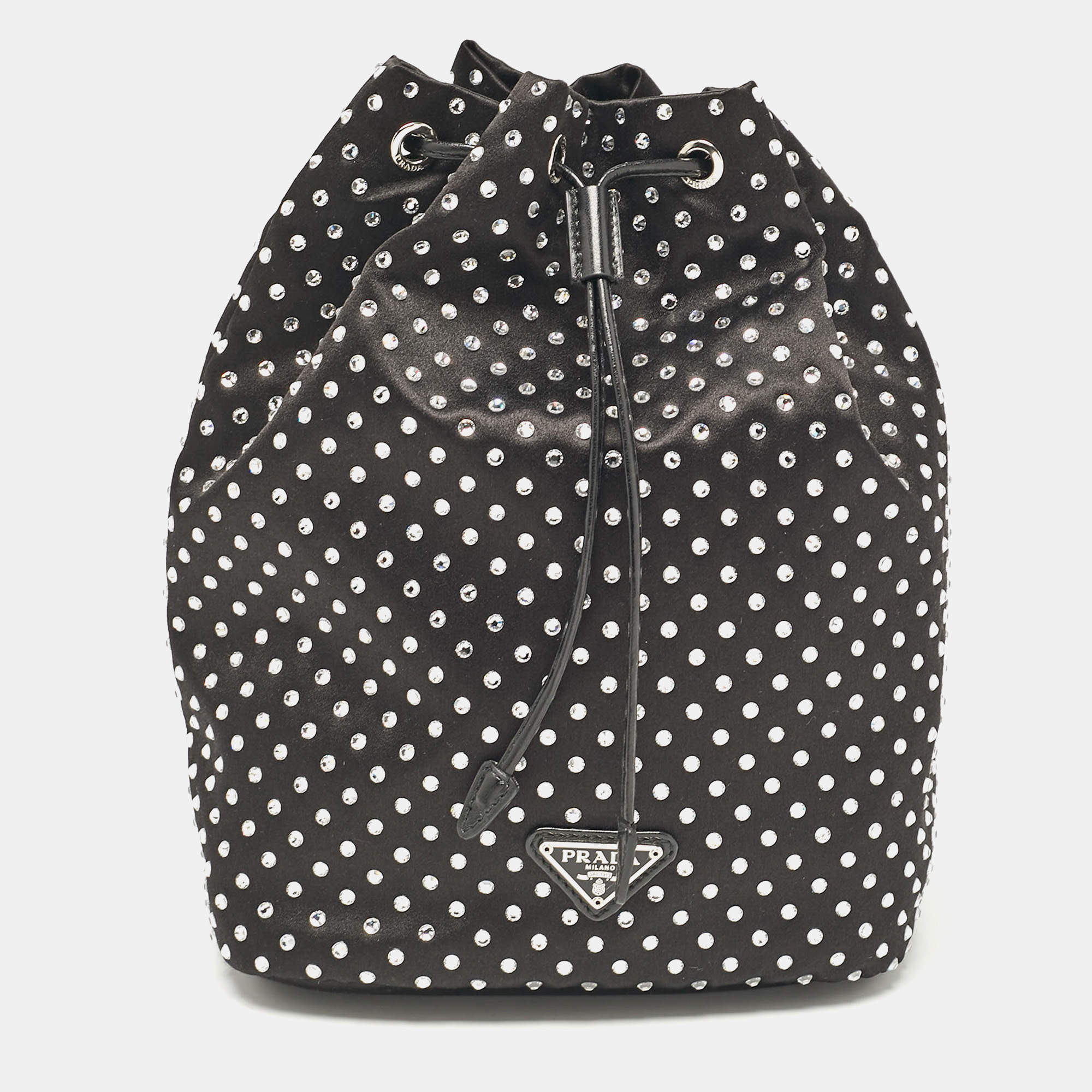 Prada Black Nylon Crystals Embellished Drawstring Pouch