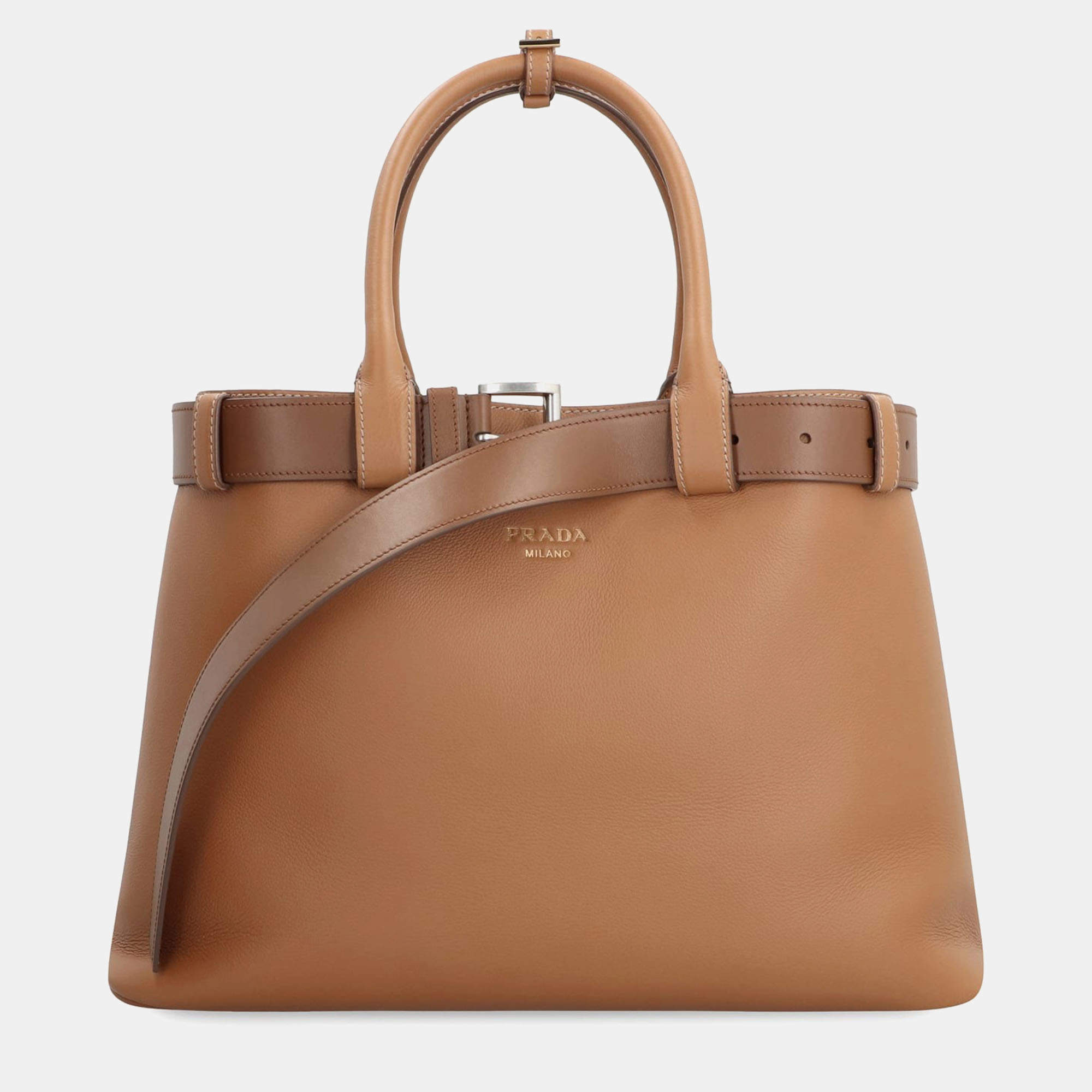 Prada Saddle Brown Pebbled Calfskin Buckle Leather Bag