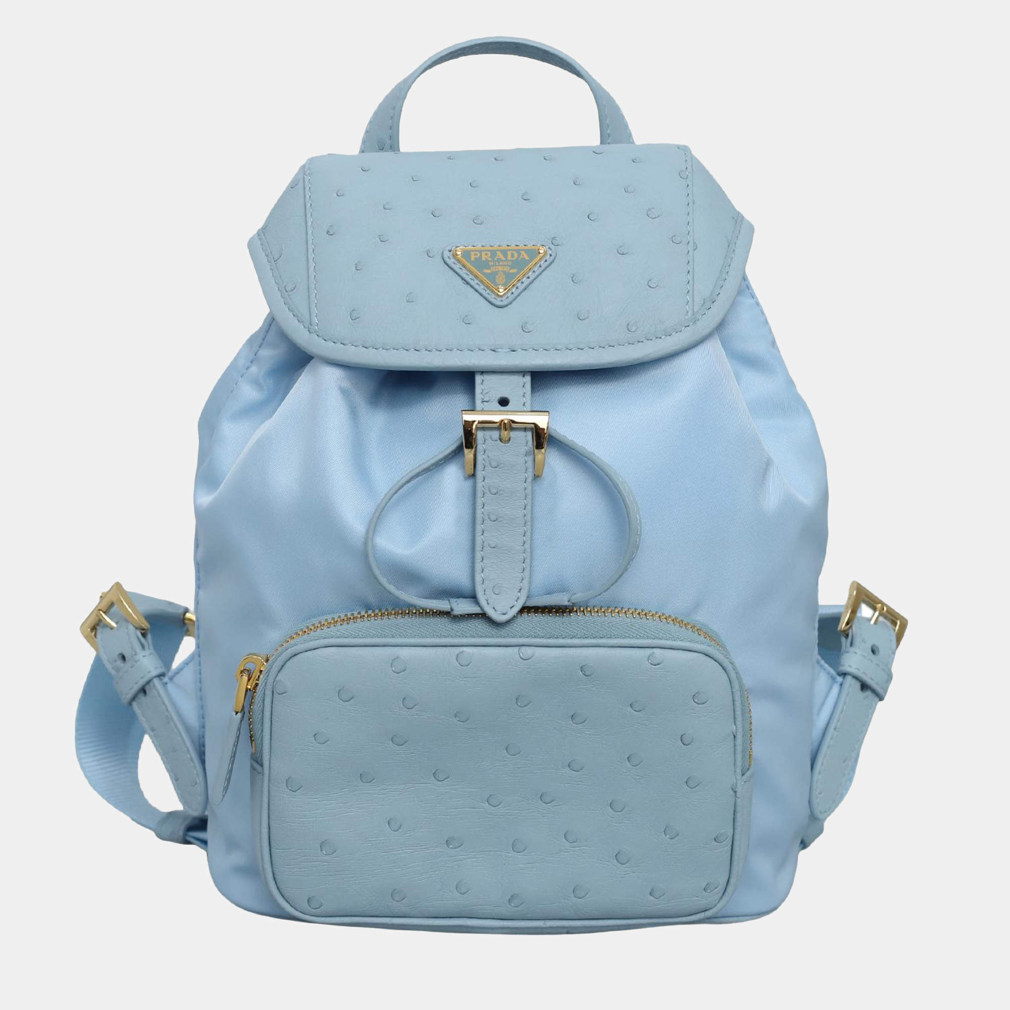Prada Sky Blue Nylon and Ostrich Leather Backpack
