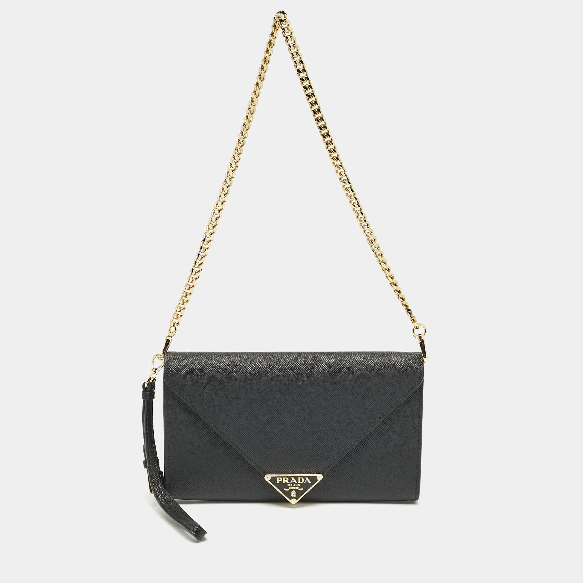 Prada Black Saffiano Triang Leather Envelope Chain Clutch
