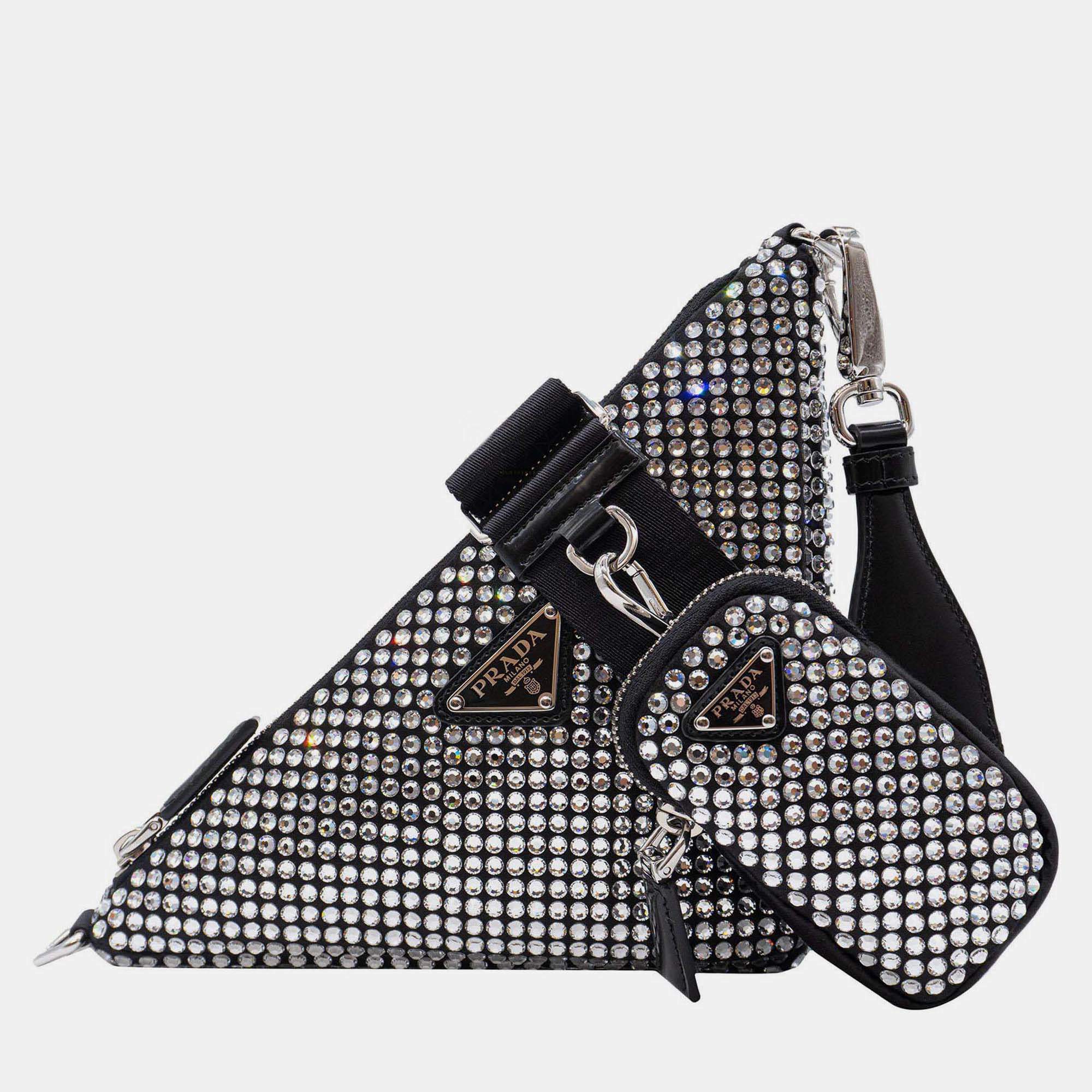 Pre Owned حقيبة برادا كريستالات مثلثية سوداء
