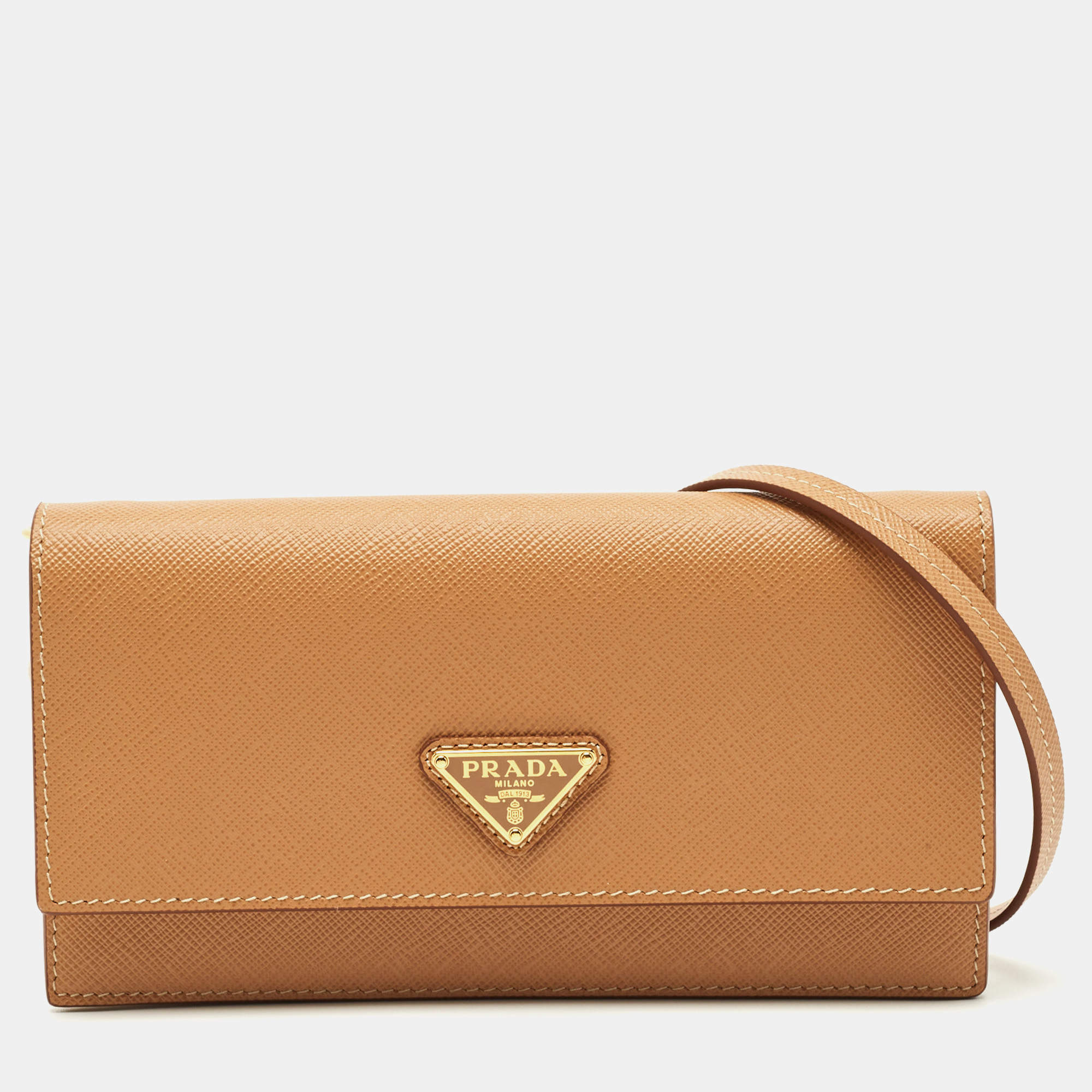 Pre Owned Prada Tan Saffiano Metal Leather Tringale Logo Flap Wallet On Strap