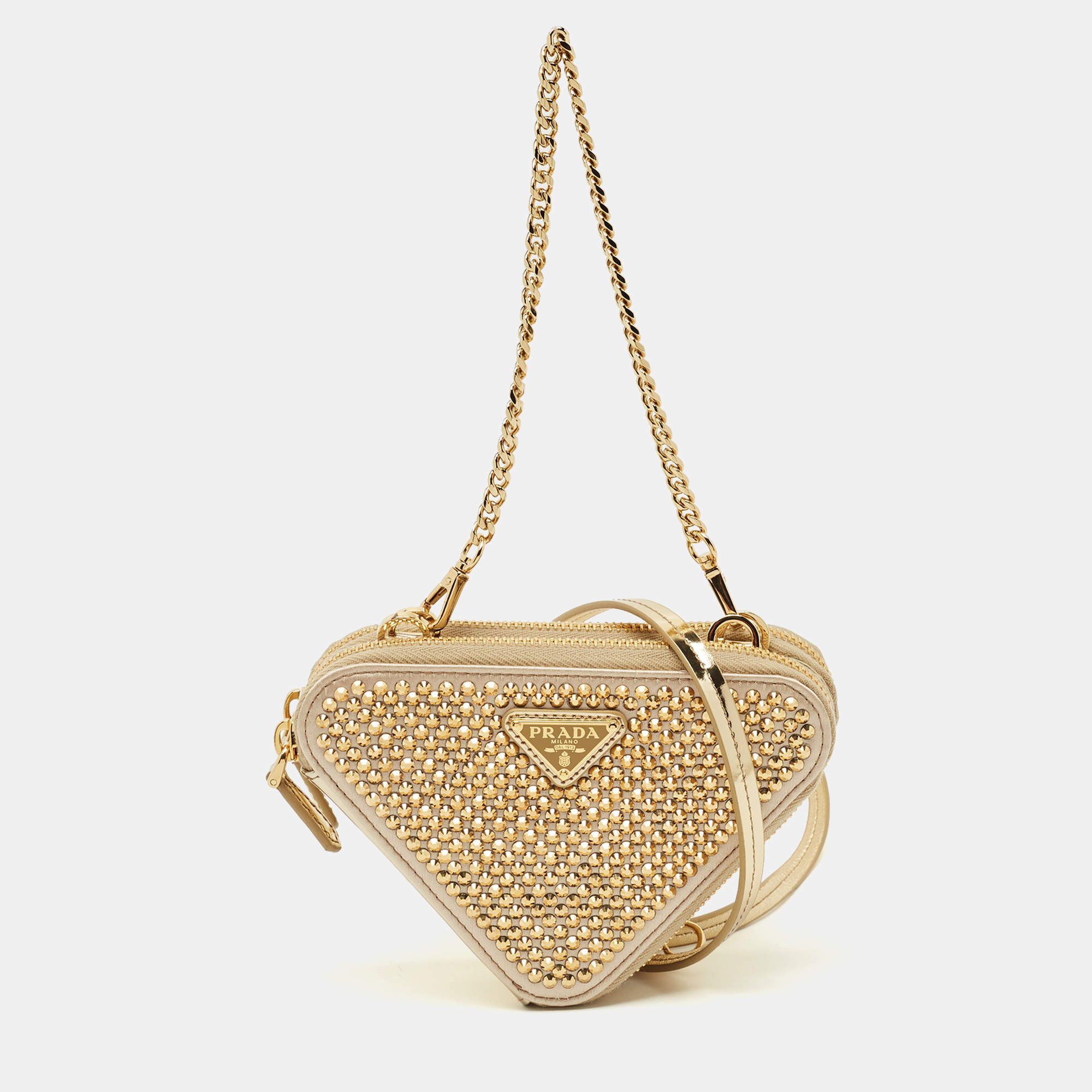 Pre Owned Prada Gold Leather and Satin Crystal Embellished Mini Triangle Pouch